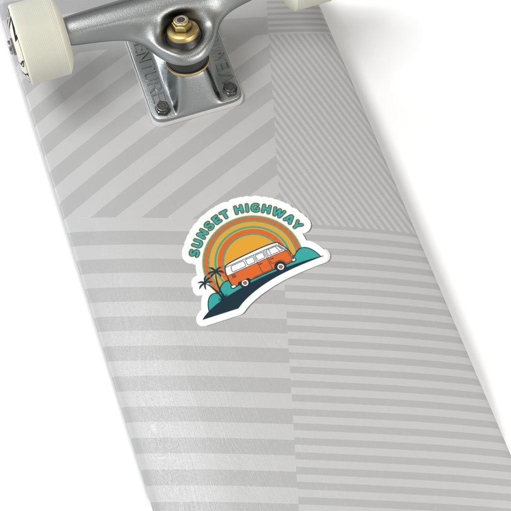 Sunset Highway Van Sticker | 70s Retro Surf, Vintage Palm Postcard 2" × 2" White