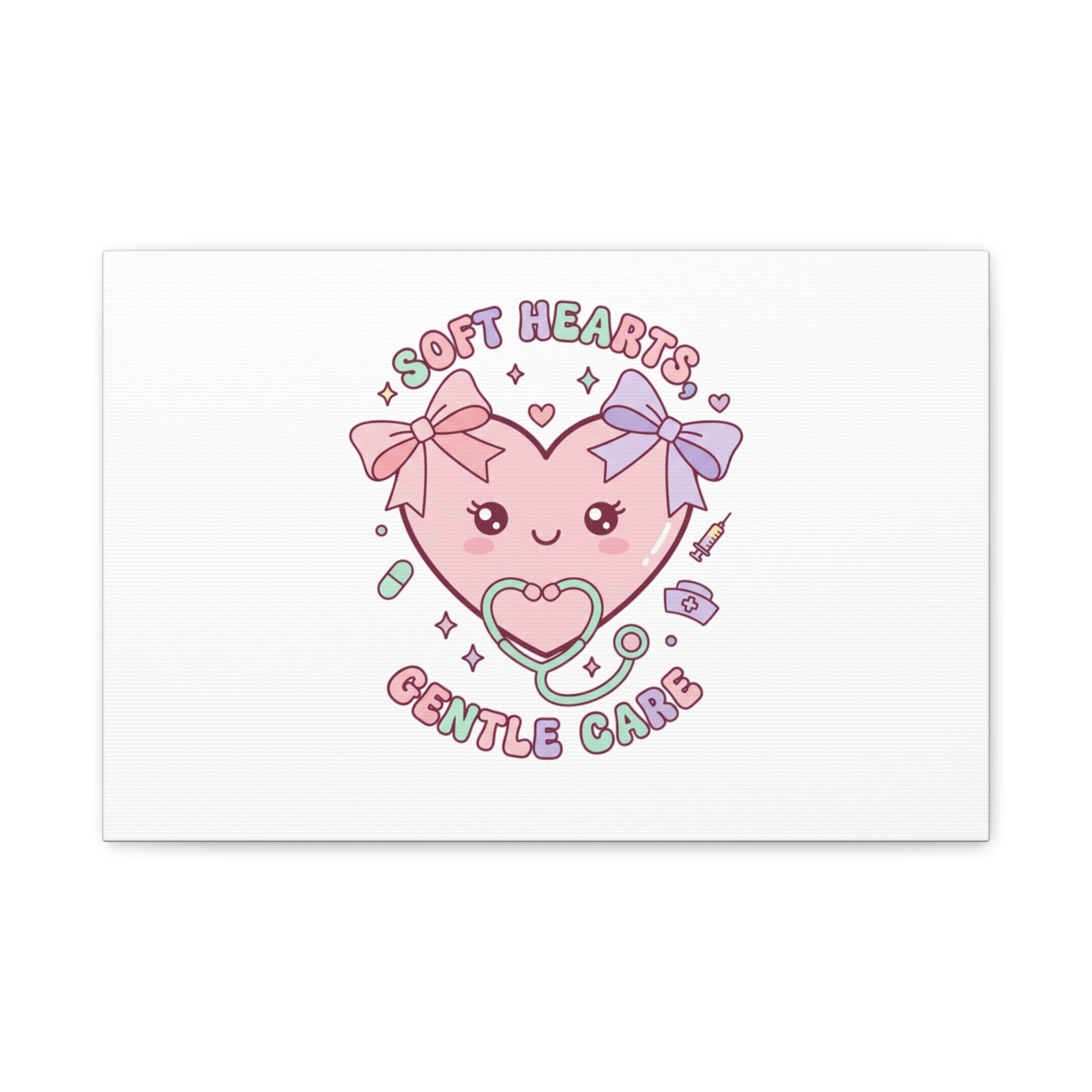 Soft Hearts Gentle Care Canvas, Cute Nurse Graphic | Pastel Coquette Medical Art 18″ x 12″ (Horizontal) 1.25"