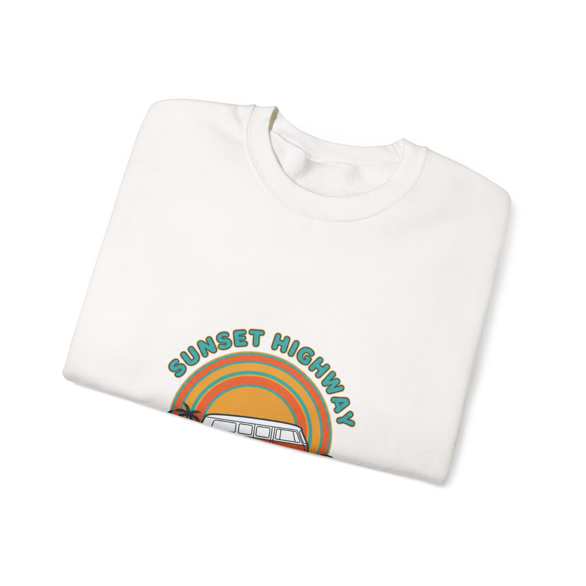 Sunset Highway Retro Surf Graphic Sweatshirt | 1970s Analog Sunshine, Vintage Palm Navy