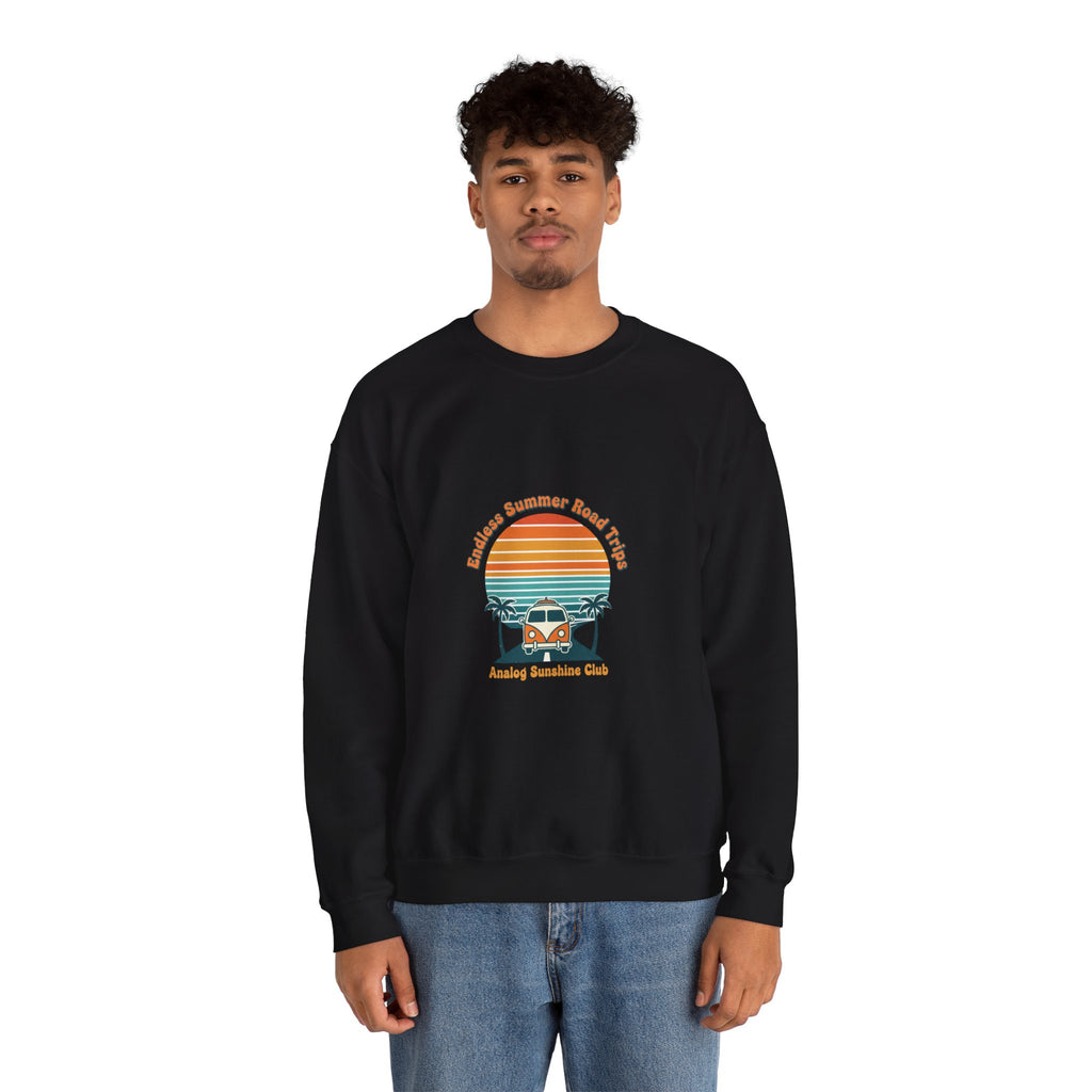 Vintage 70s Sunset Camper Crewneck Sweatshirt | Retro Surf Graphic, Golden Hour Postcard Navy