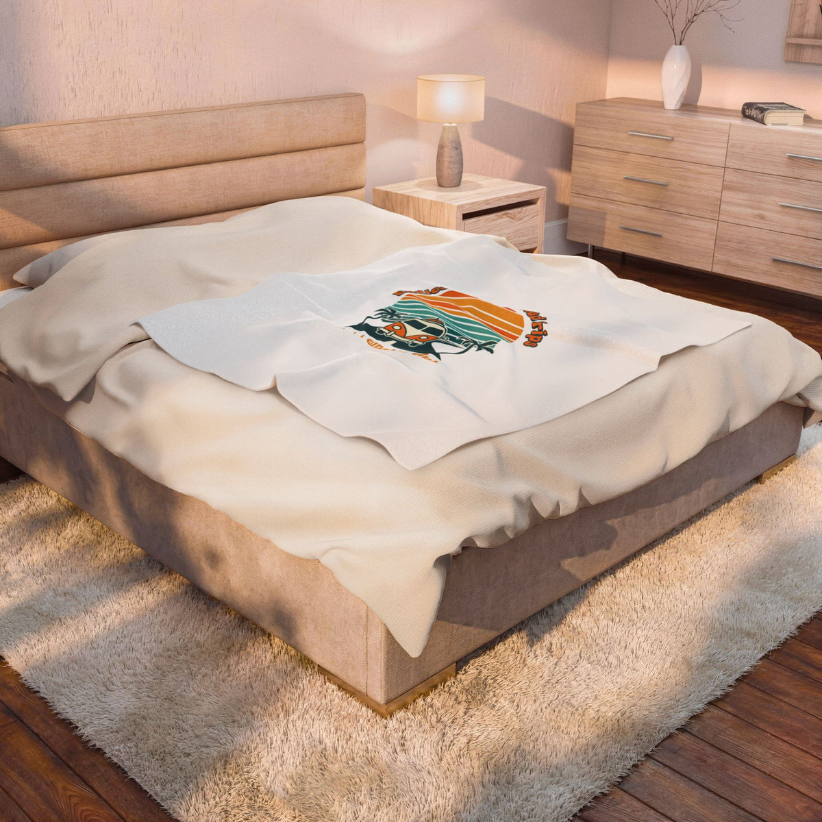 Retro 70s Sunset Surf Van Blanket | Analog Sunshine, Vintage Palm Postcard