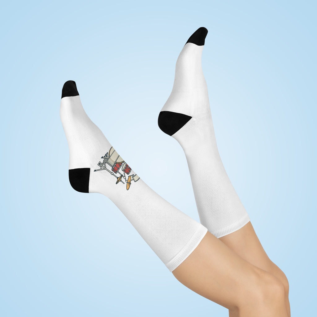 Drum Set Illustration Cushioned Crew Socks | Musician Band Socks White One size 3 4 Crew