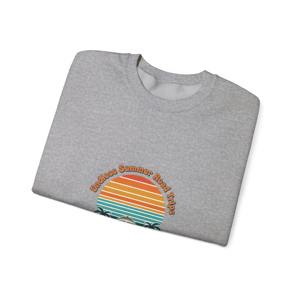 Vintage 70s Sunset Camper Crewneck Sweatshirt | Retro Surf Graphic, Golden Hour Postcard Navy