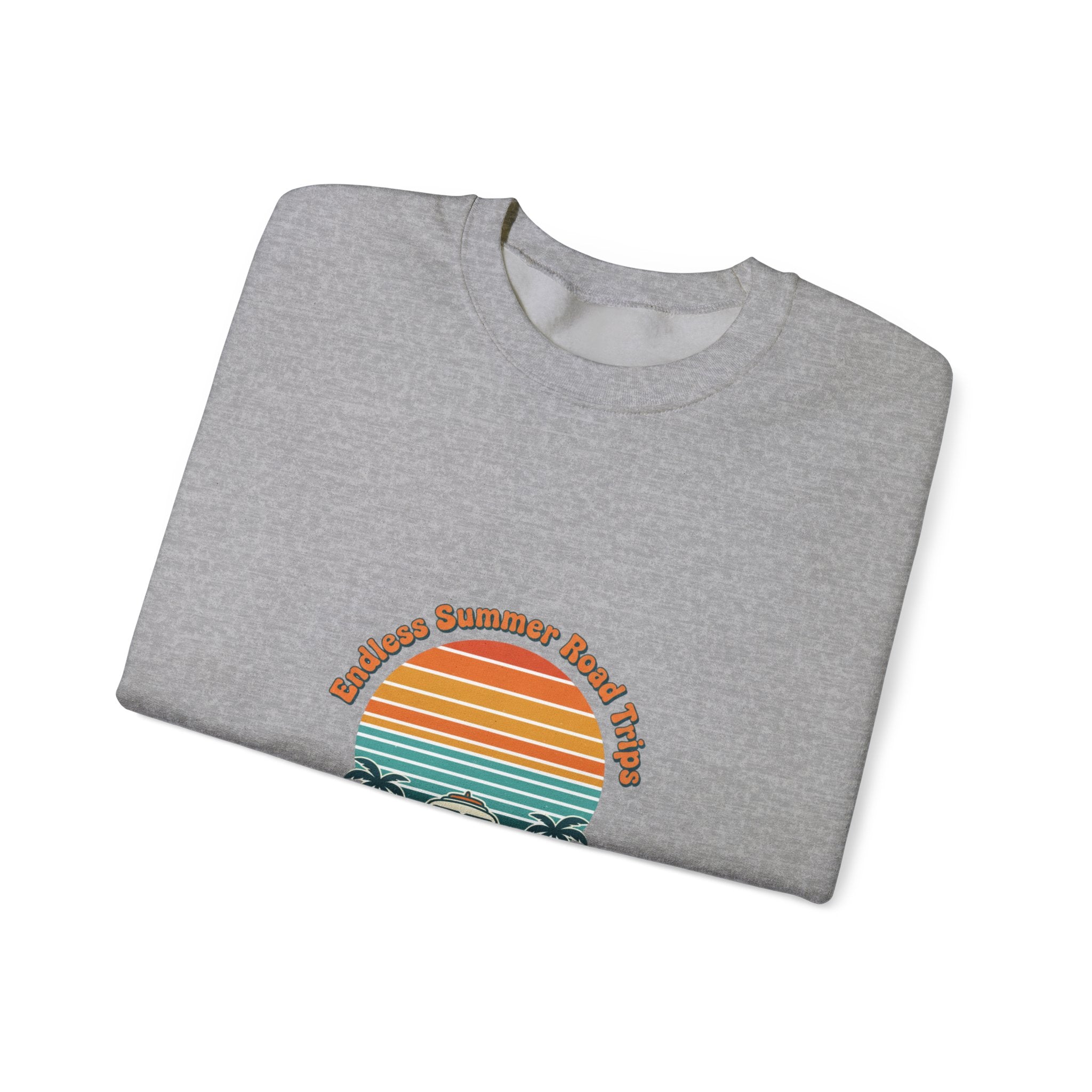 Vintage 70s Sunset Camper Crewneck Sweatshirt | Retro Surf Graphic, Golden Hour Postcard Navy