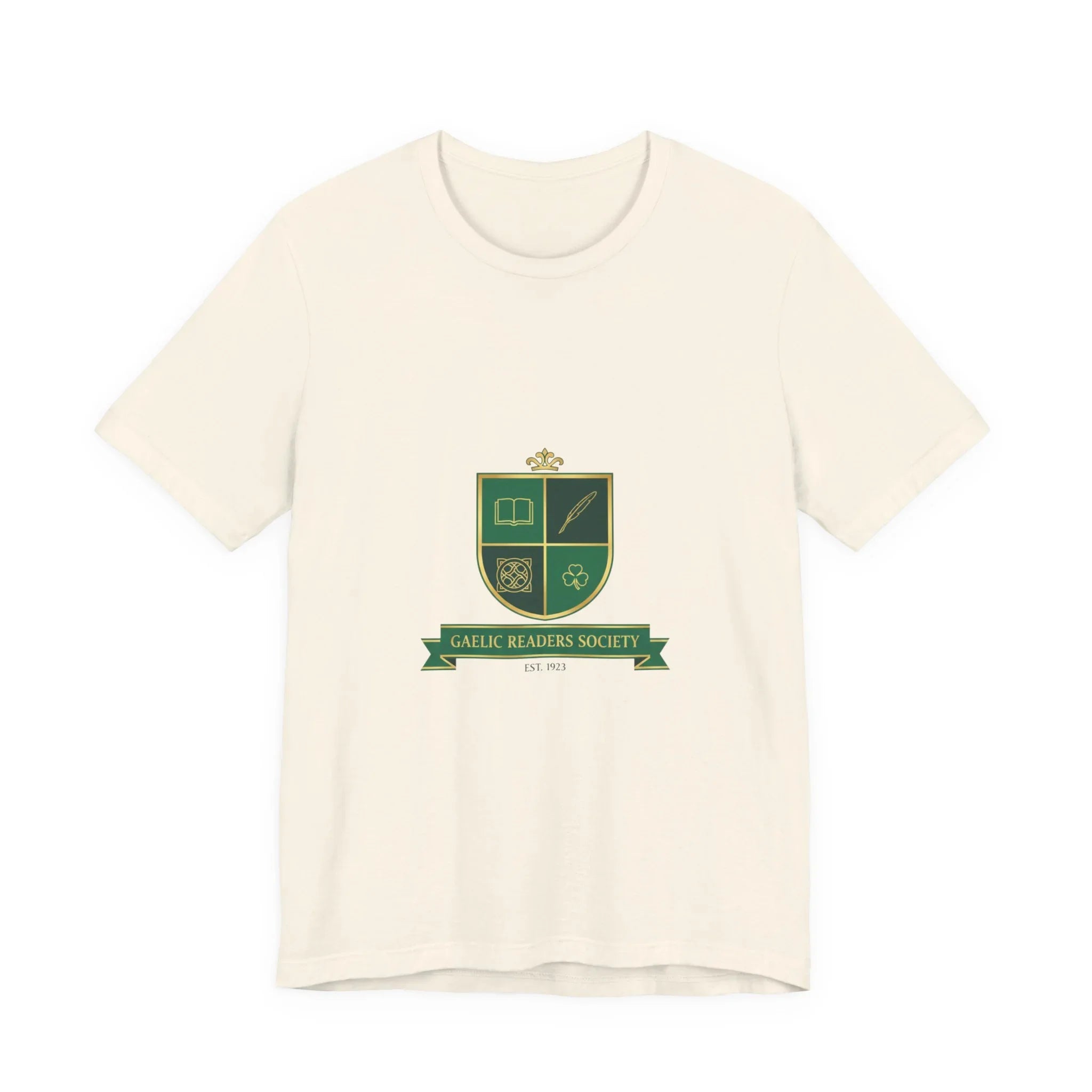 Cream t-shirt with green Gaelic Readers Society crest, book, quill, knot, shamrock, and banner