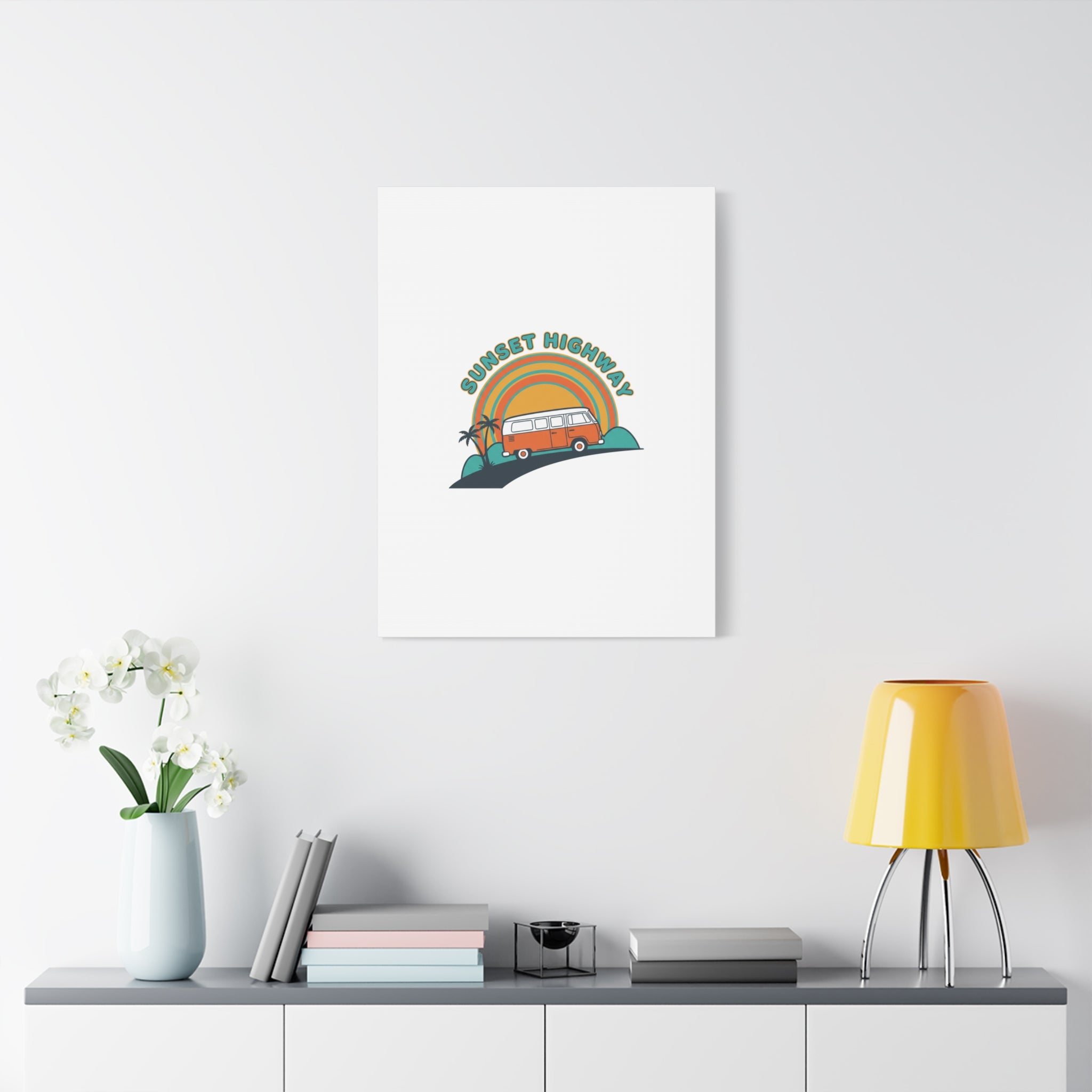 Sunset Highway Van Canvas | 1970s Retro Surf, Vintage Palm Poster 36" x 36" 1.25"