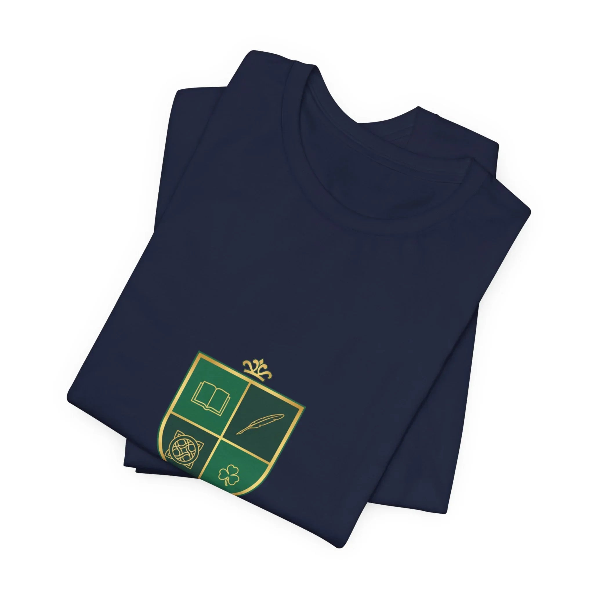 Navy blue t-shirt with gold and green crest featuring a book, feather, Celtic knot, and clover