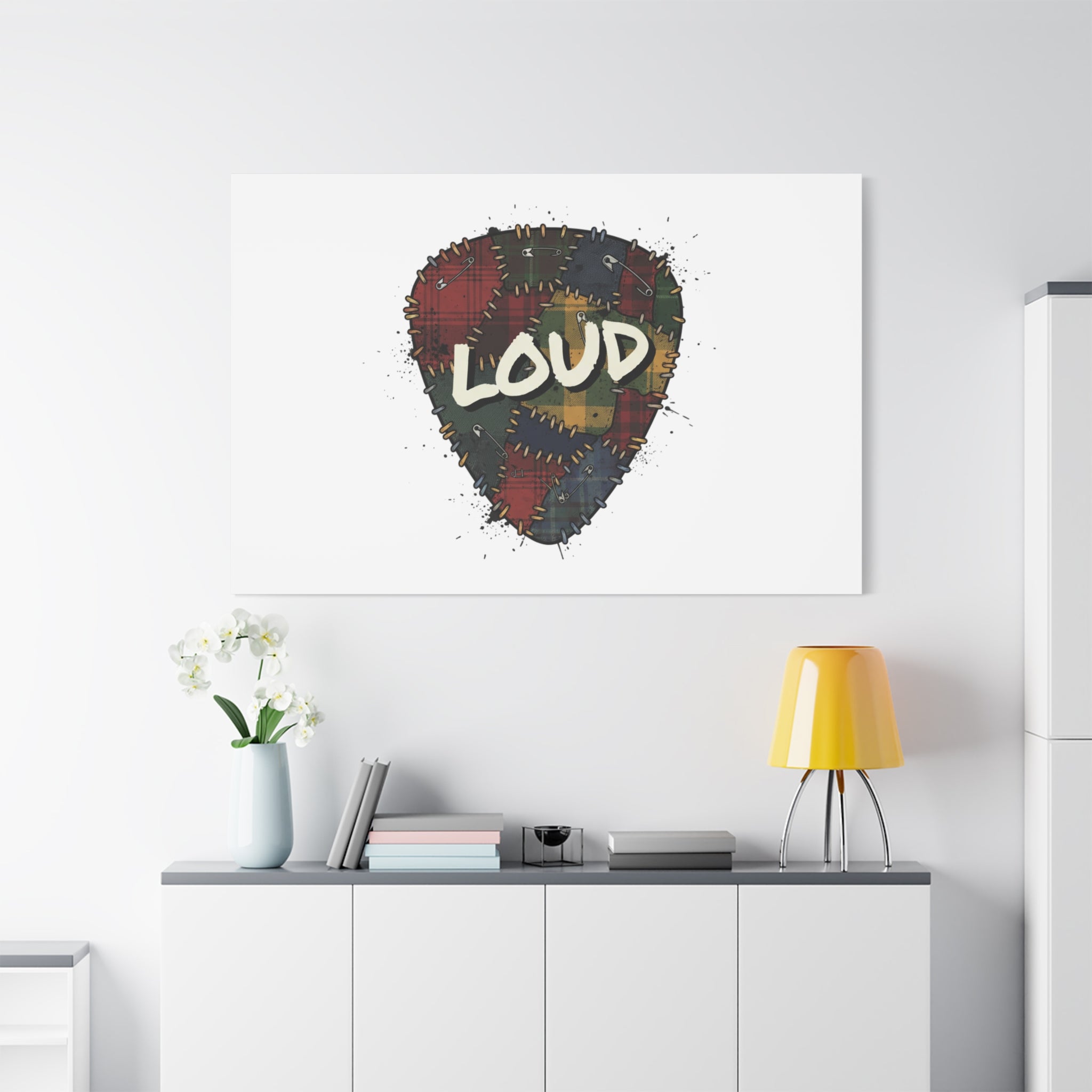 Plaid Patchwork Guitar Pick Canvas, Grunge Revival, 90s Rock Plaid Aesthetic 36" x 36" 1.25"