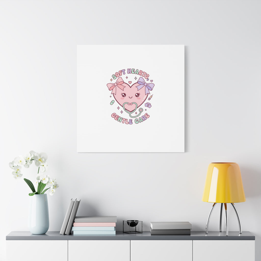Soft Hearts Gentle Care Canvas, Cute Nurse Graphic | Pastel Coquette Medical Art 36" x 36" 1.25"