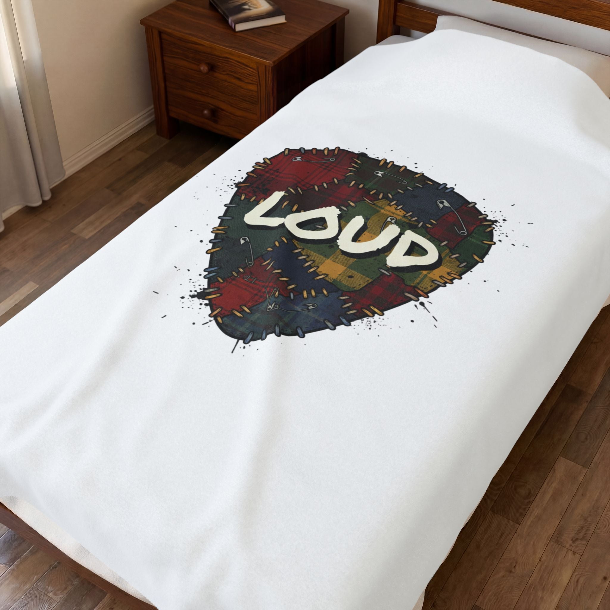 Plaid Patchwork 'Loud' Guitar Pick Velveteen Plush Blanket | Grunge Revival, 90s Flannel Aesthetic. 30" × 40"