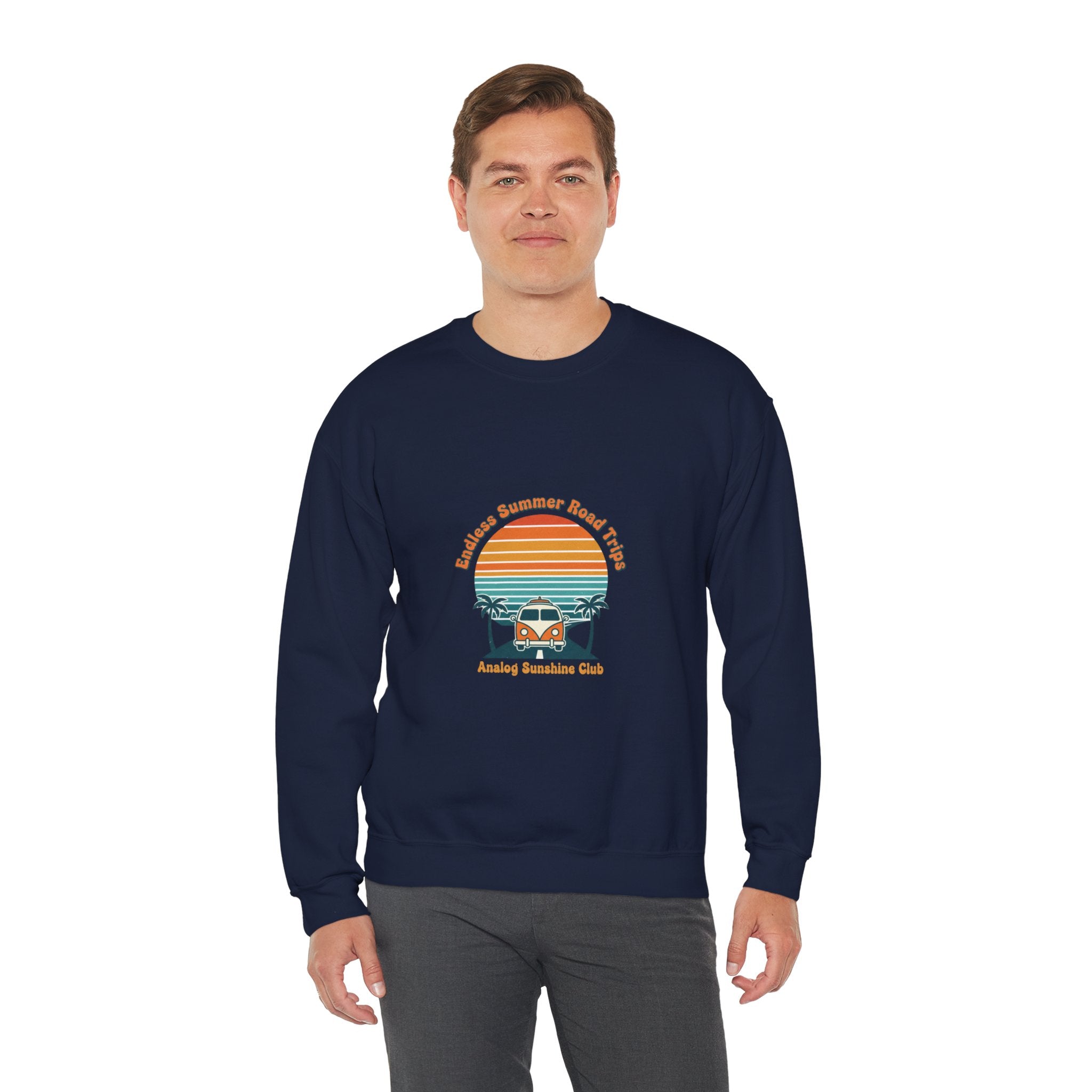 Vintage 70s Sunset Camper Crewneck Sweatshirt | Retro Surf Graphic, Golden Hour Postcard Navy