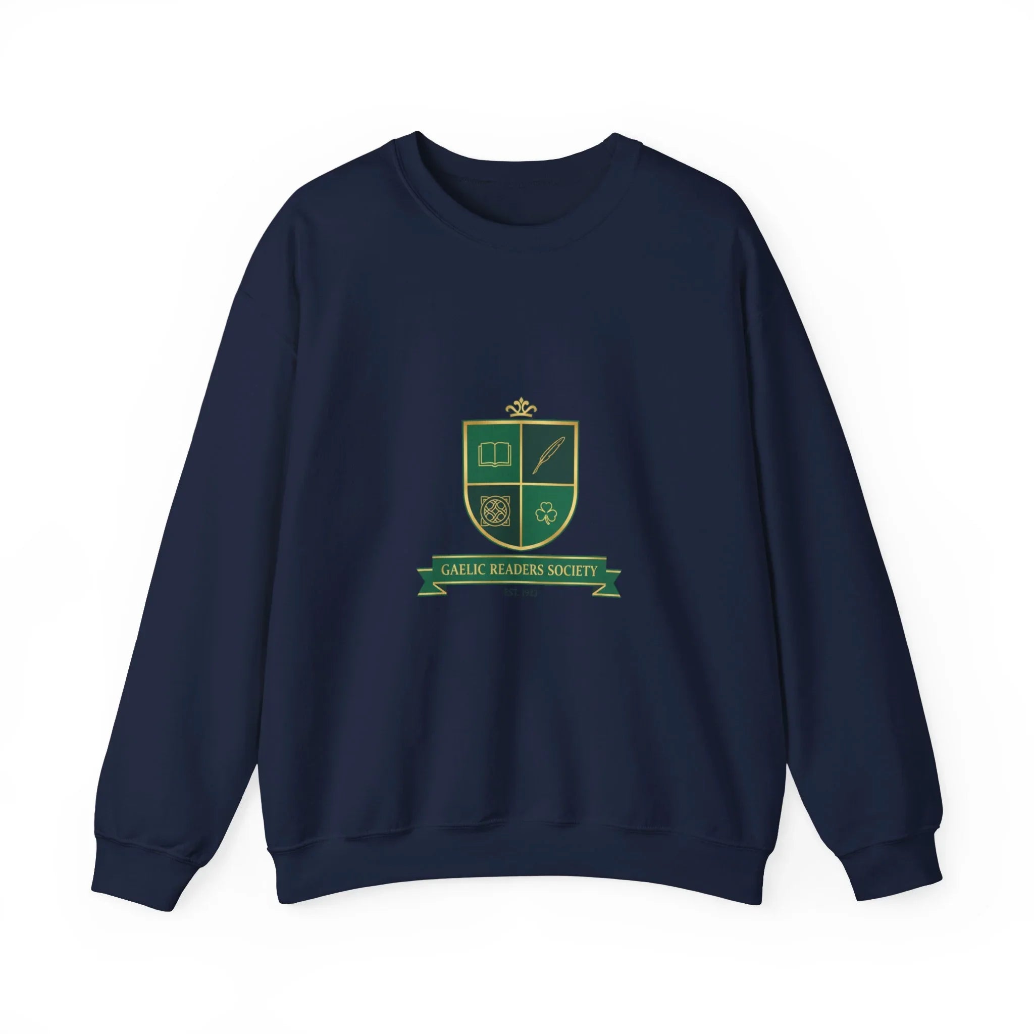 Navy sweatshirt with green Gaelic Readers Society crest and gold emblem on front