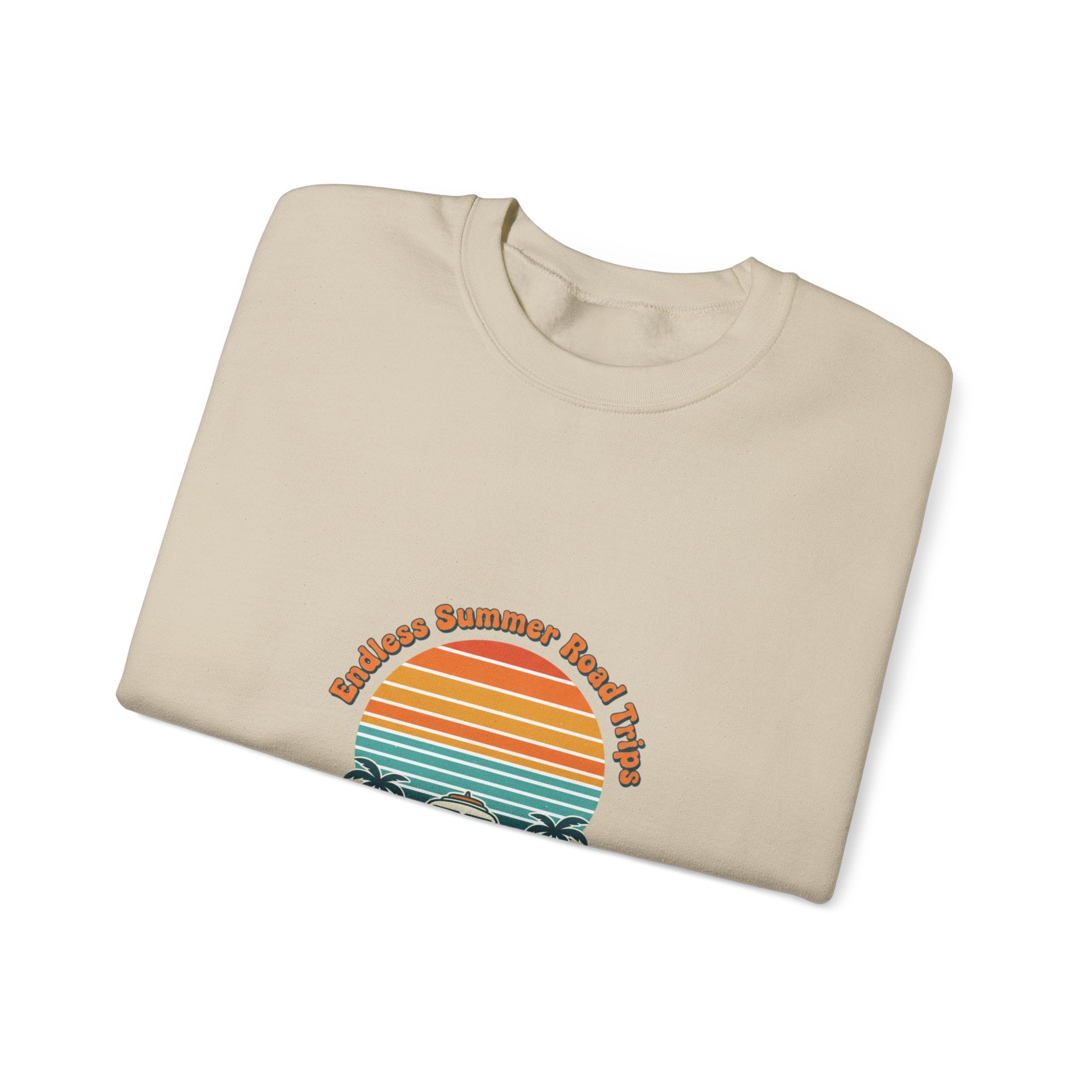 Vintage 70s Sunset Camper Crewneck Sweatshirt | Retro Surf Graphic, Golden Hour Postcard Navy