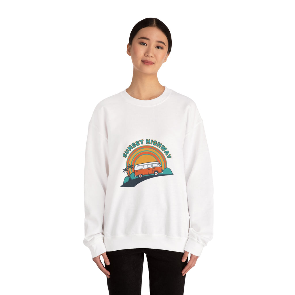 Sunset Highway Retro Surf Graphic Sweatshirt | 1970s Analog Sunshine, Vintage Palm Navy