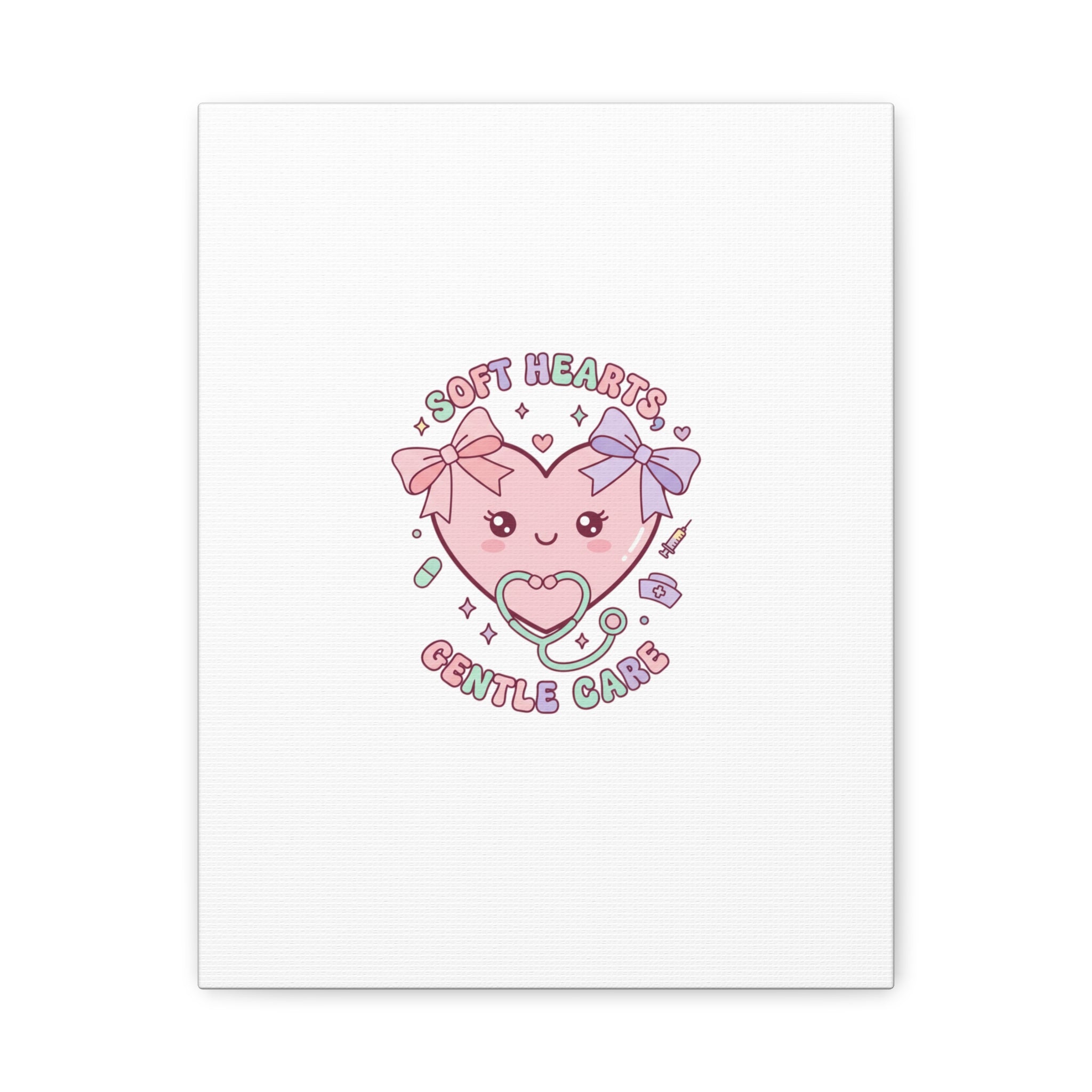 Soft Hearts Gentle Care Canvas, Cute Nurse Graphic | Pastel Coquette Medical Art 11″ x 14″ (Vertical) 1.25"