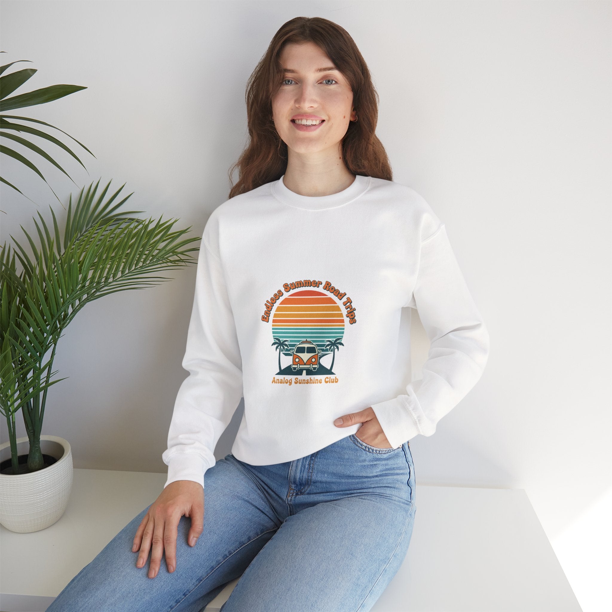 Vintage 70s Sunset Camper Crewneck Sweatshirt | Retro Surf Graphic, Golden Hour Postcard Navy