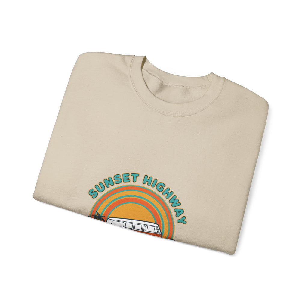 Sunset Highway Retro Surf Graphic Sweatshirt | 1970s Analog Sunshine, Vintage Palm Navy