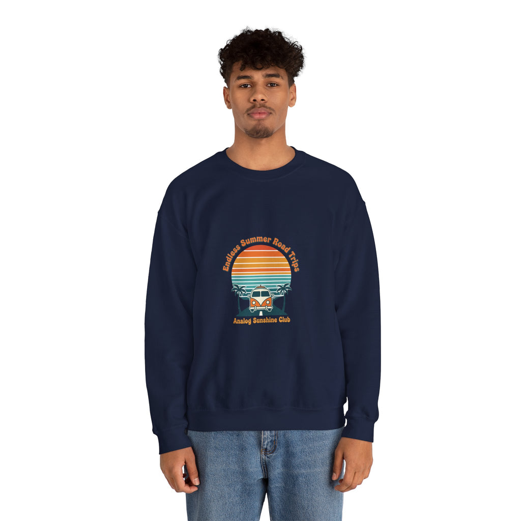 Vintage 70s Sunset Camper Crewneck Sweatshirt | Retro Surf Graphic, Golden Hour Postcard Navy