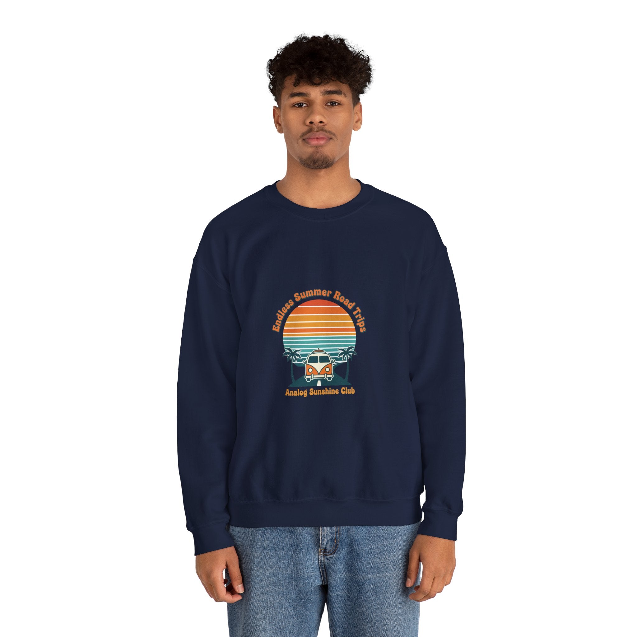 Vintage 70s Sunset Camper Crewneck Sweatshirt | Retro Surf Graphic, Golden Hour Postcard Navy