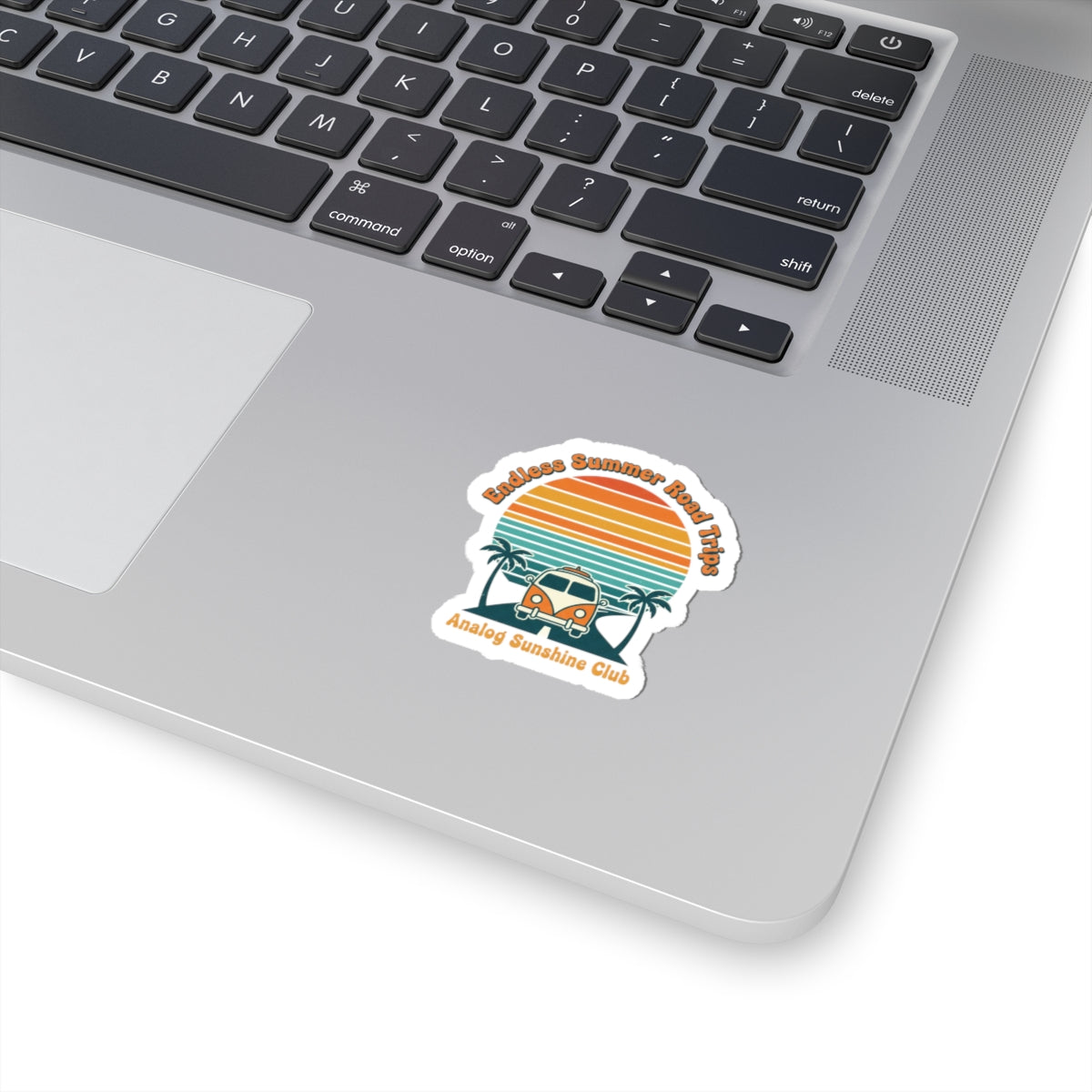 Retro VW Camper Sunset Sticker | 70s sunset, vintage palm postcard 2" × 2" White