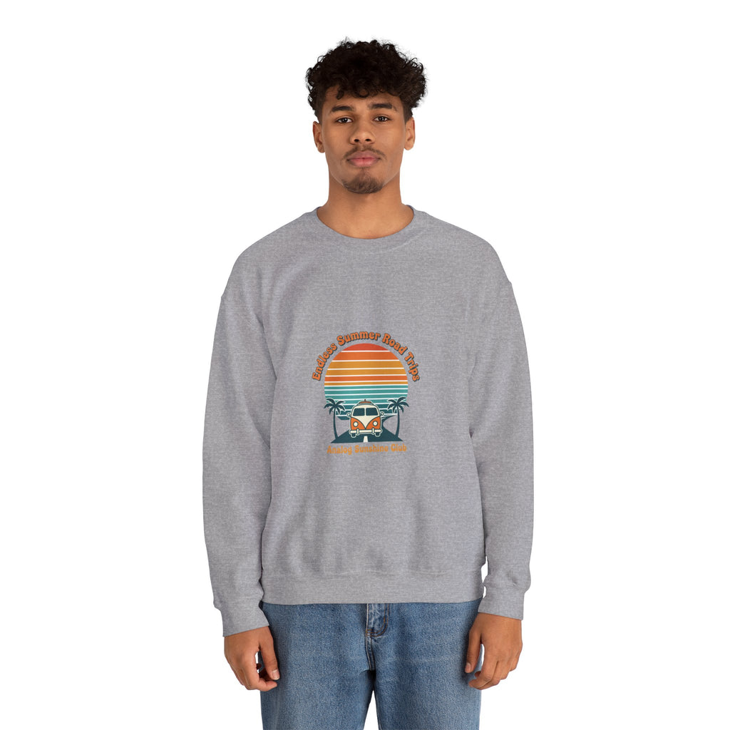 Vintage 70s Sunset Camper Crewneck Sweatshirt | Retro Surf Graphic, Golden Hour Postcard Navy