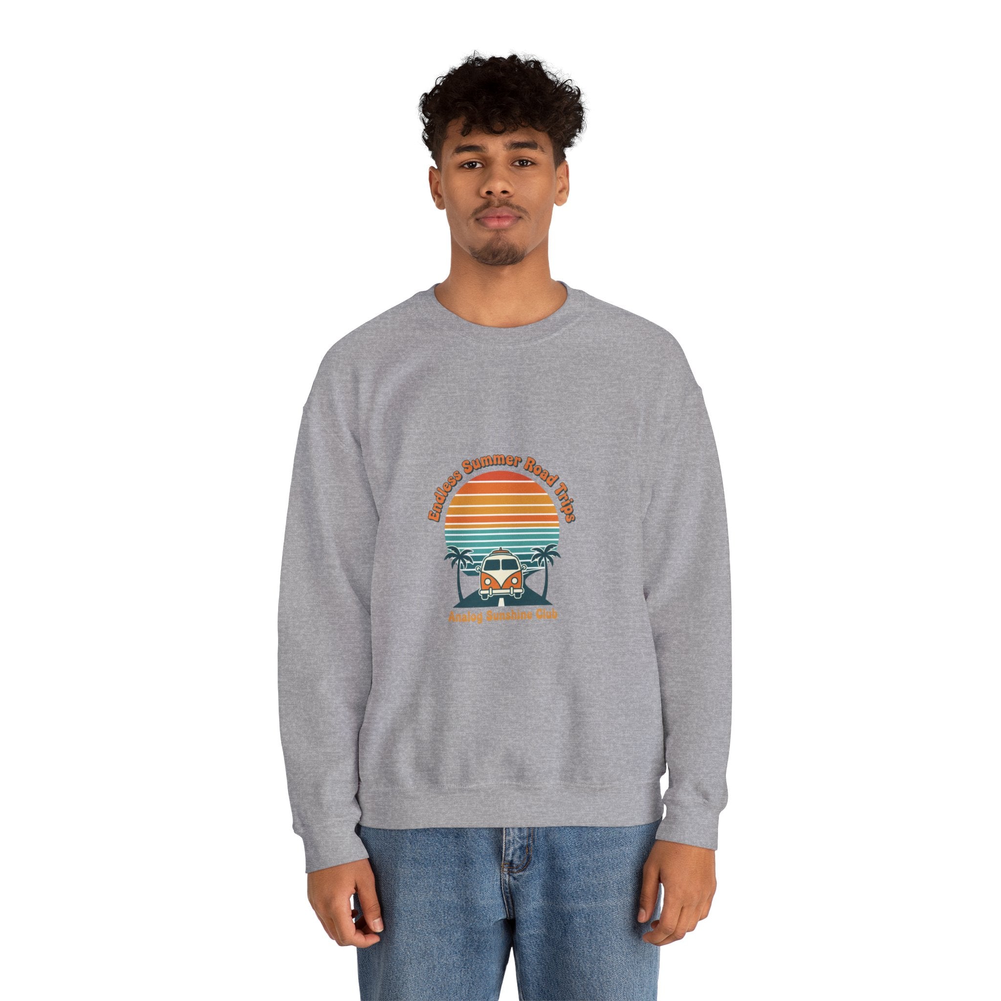 Vintage 70s Sunset Camper Crewneck Sweatshirt | Retro Surf Graphic, Golden Hour Postcard Navy