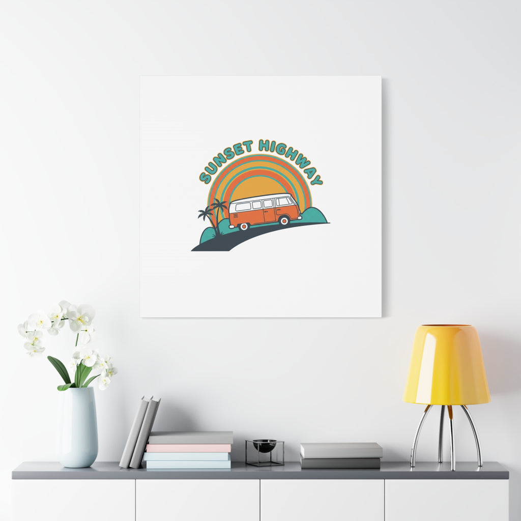 Sunset Highway Van Canvas | 1970s Retro Surf, Vintage Palm Poster 36" x 36" 1.25"