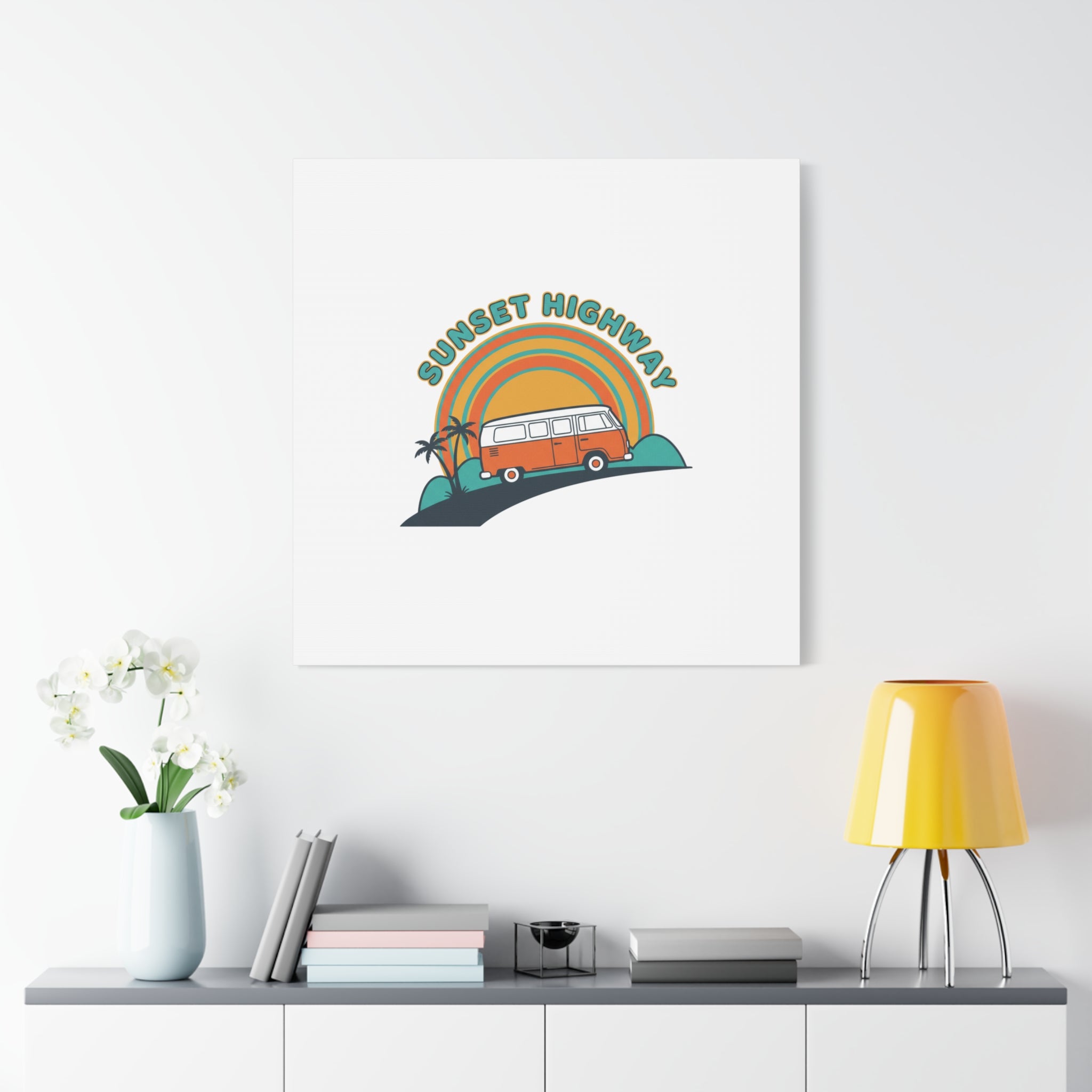 Sunset Highway Van Canvas | 1970s Retro Surf, Vintage Palm Poster 36" x 36" 1.25"