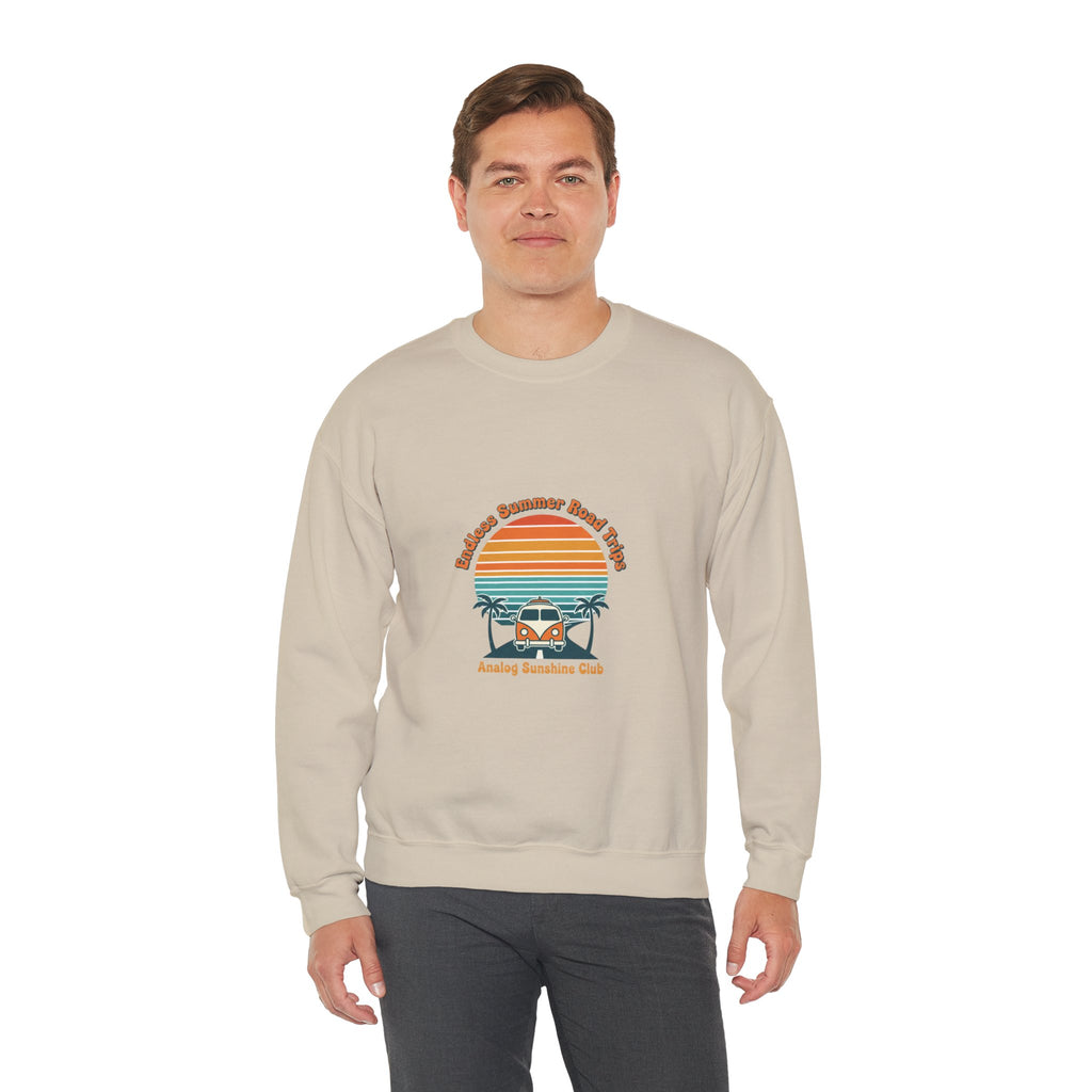 Vintage 70s Sunset Camper Crewneck Sweatshirt | Retro Surf Graphic, Golden Hour Postcard Navy