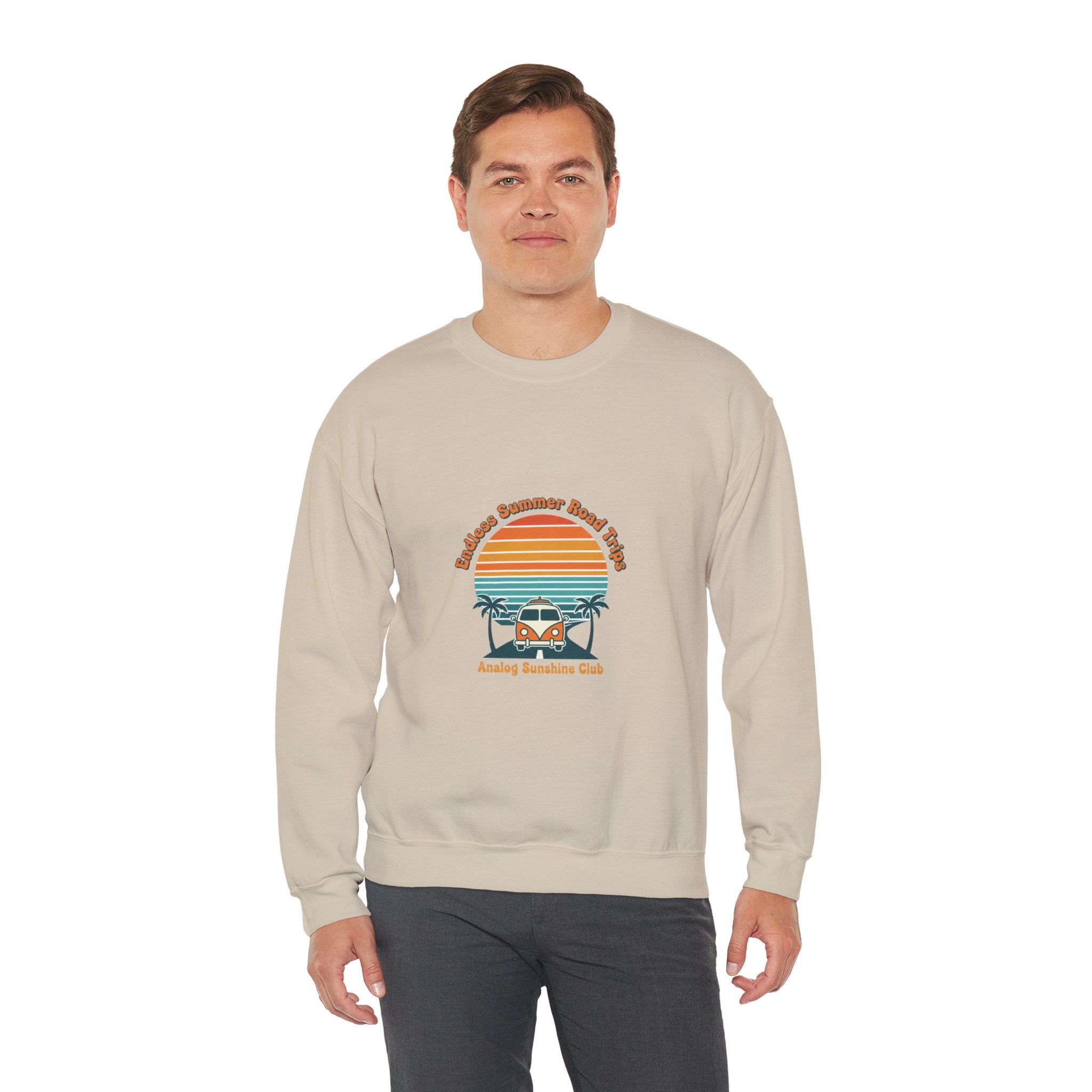 Vintage 70s Sunset Camper Crewneck Sweatshirt | Retro Surf Graphic, Golden Hour Postcard Navy
