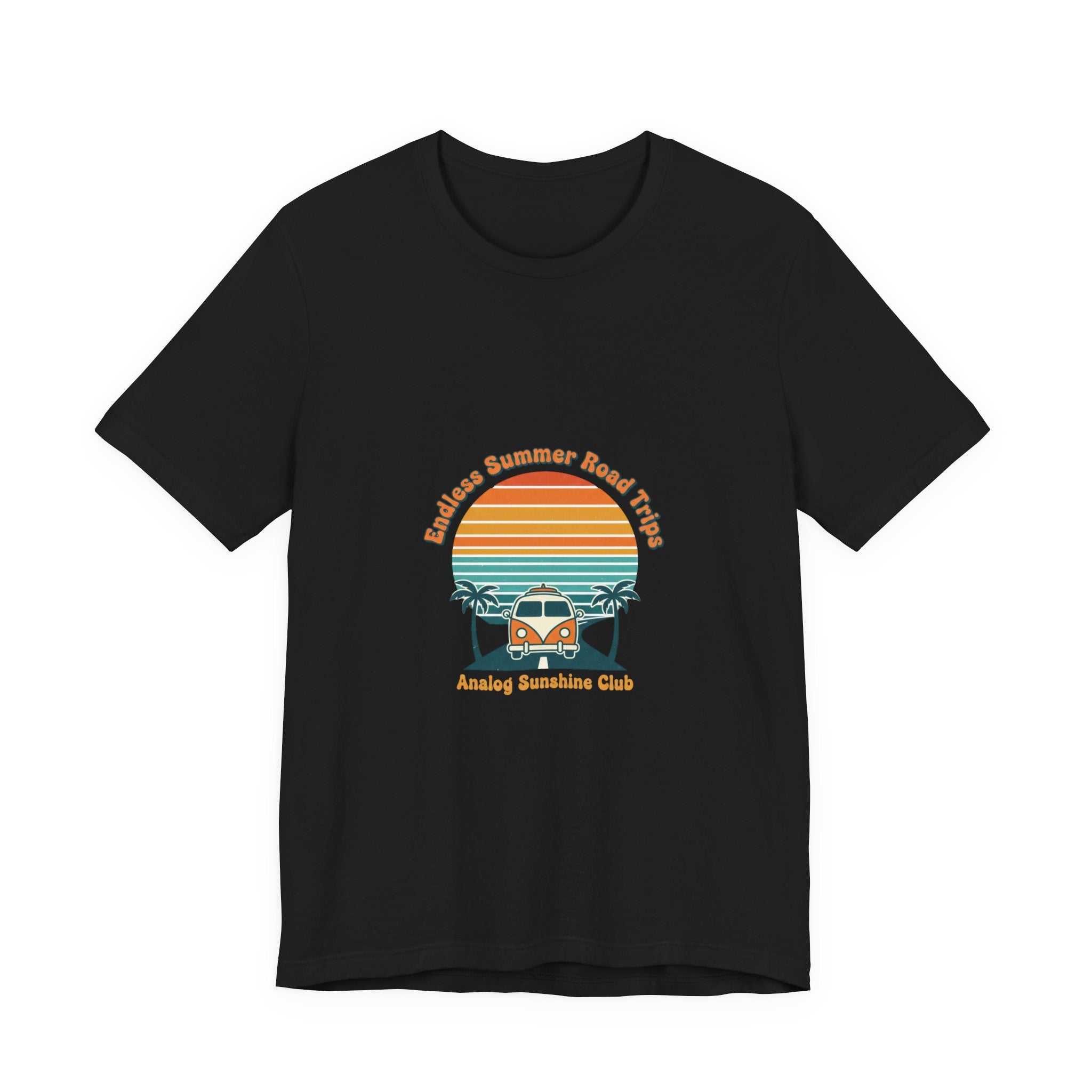 Retro 70s Sunset Surf Graphic Tee | Vintage Palm Golden Hour Postcard Black