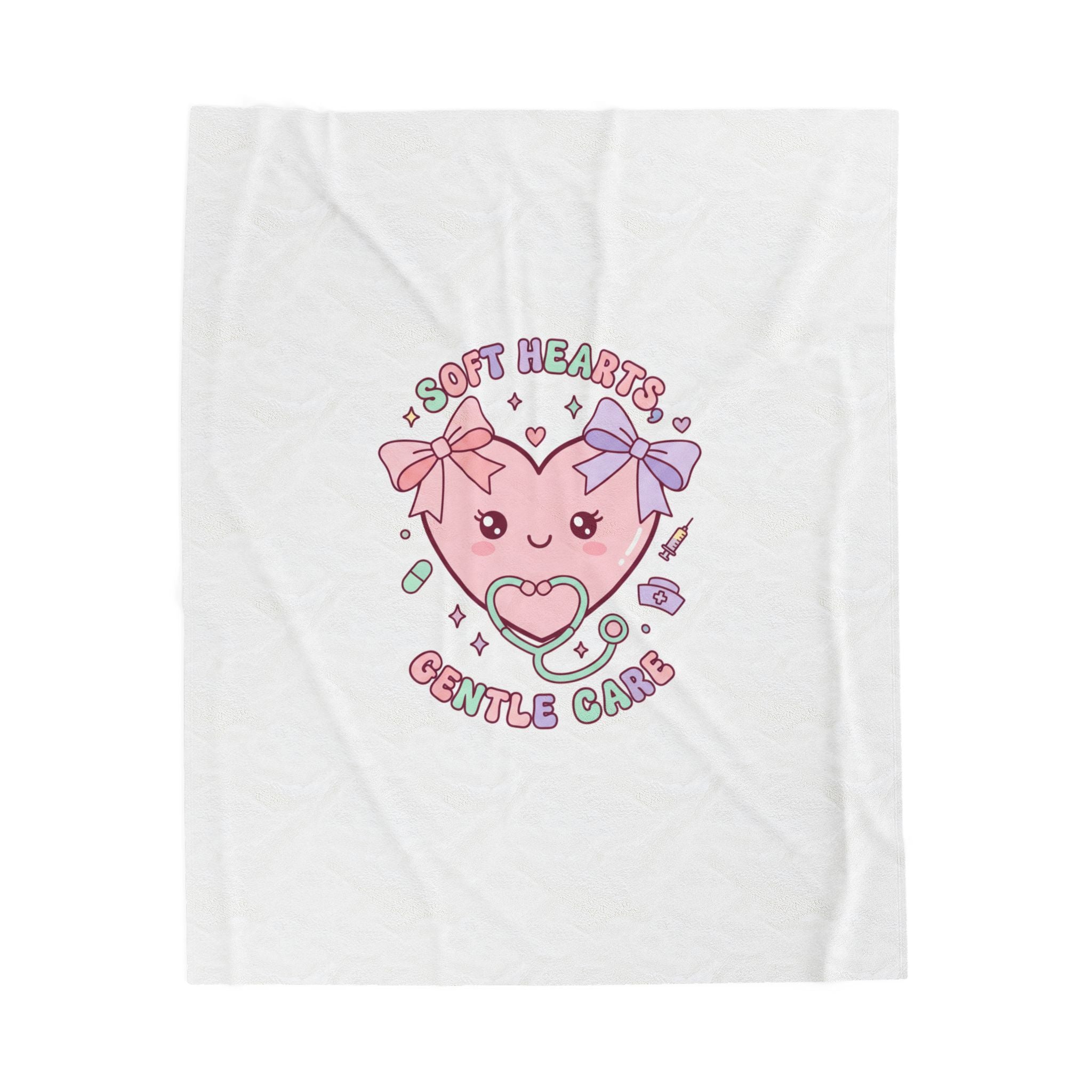 Soft Hearts Gentle Care Velveteen Plush Blanket | pastel kawaii nurse graphic, coquette medical 50" × 60"