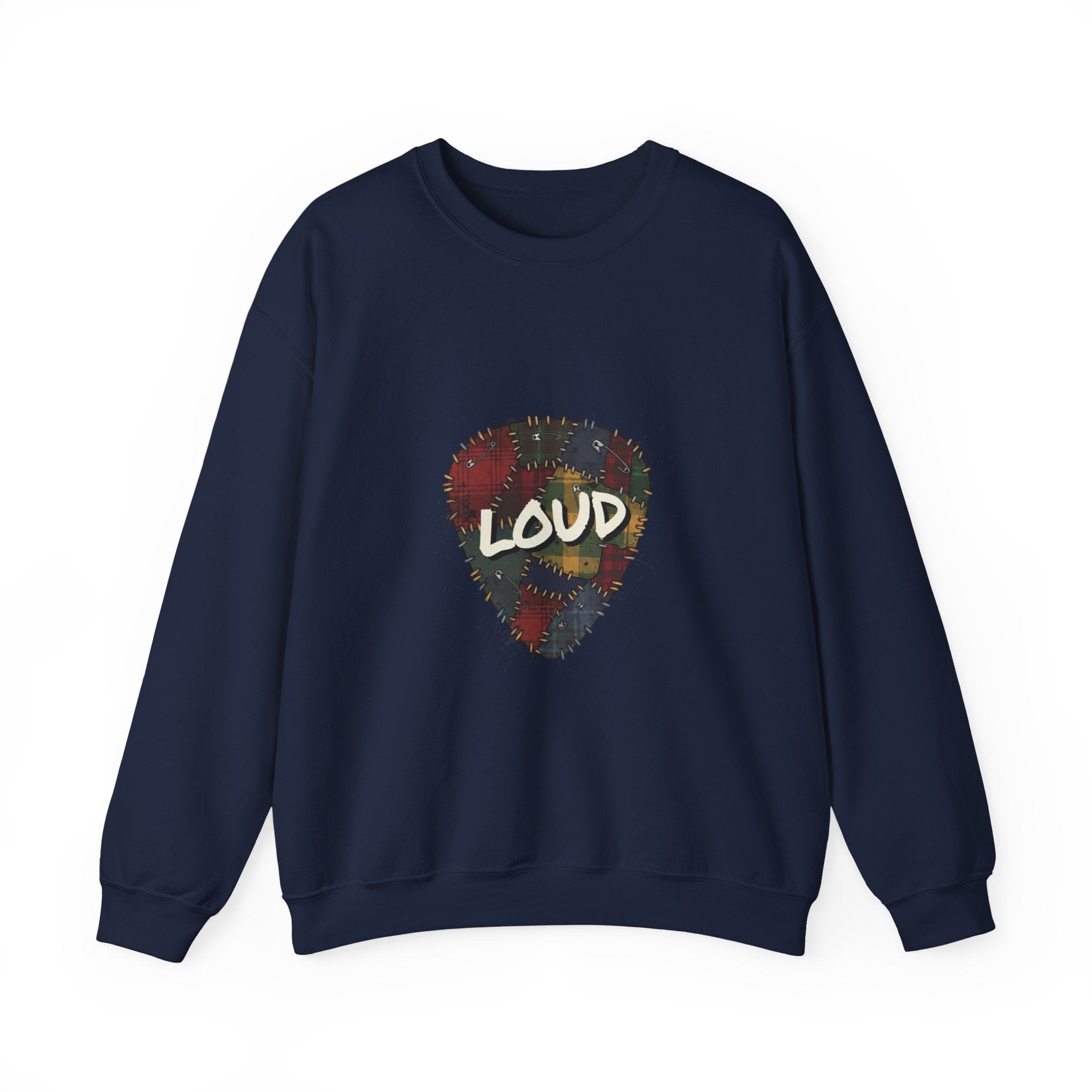 Loud Plaid Guitar Pick Crewneck Sweatshirt | Grunge Revival, 90s Flannel Aesthetic Navy
