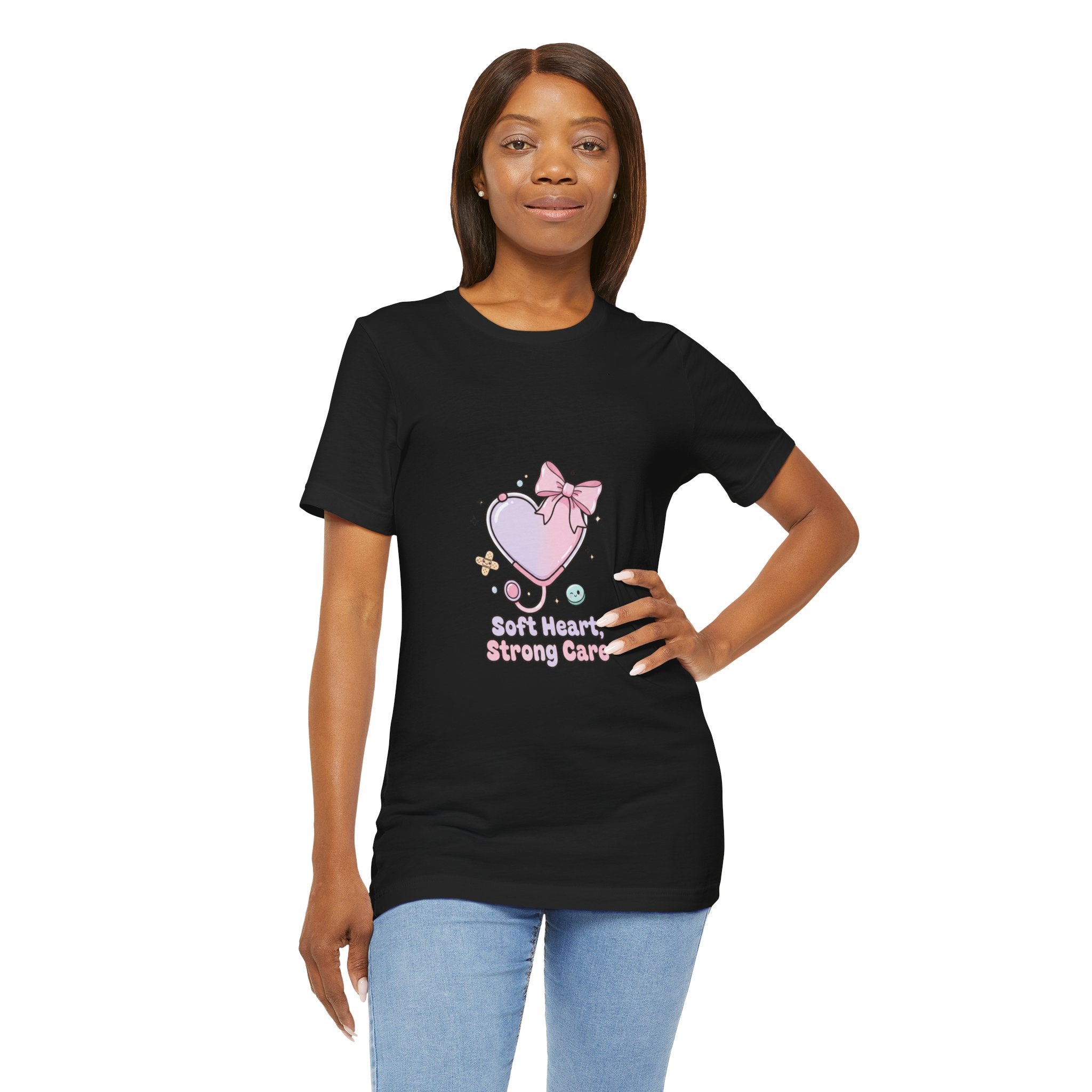 Soft Heart Strong Care T-Shirt | cute nurse graphic, pastel coquette medical shirt Navy