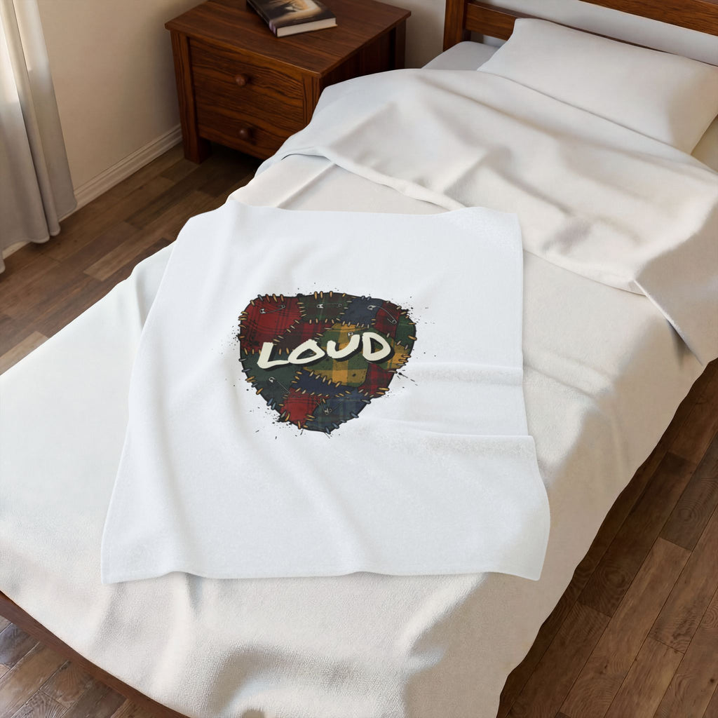 Plaid Patchwork 'Loud' Guitar Pick Velveteen Plush Blanket | Grunge Revival, 90s Flannel Aesthetic. 30" × 40"