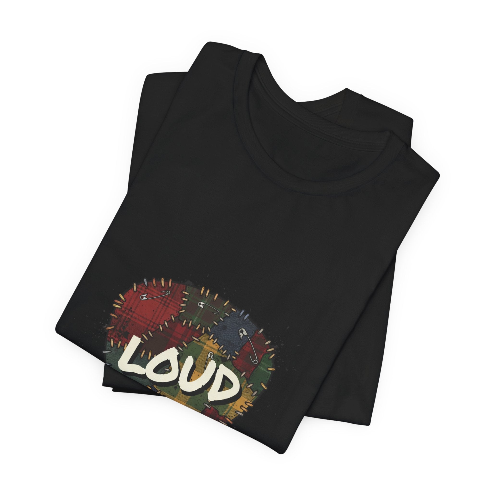 Loud Plaid Patchwork Guitar Pick Tee | Grunge Shirt, 90s Rock Revival Navy