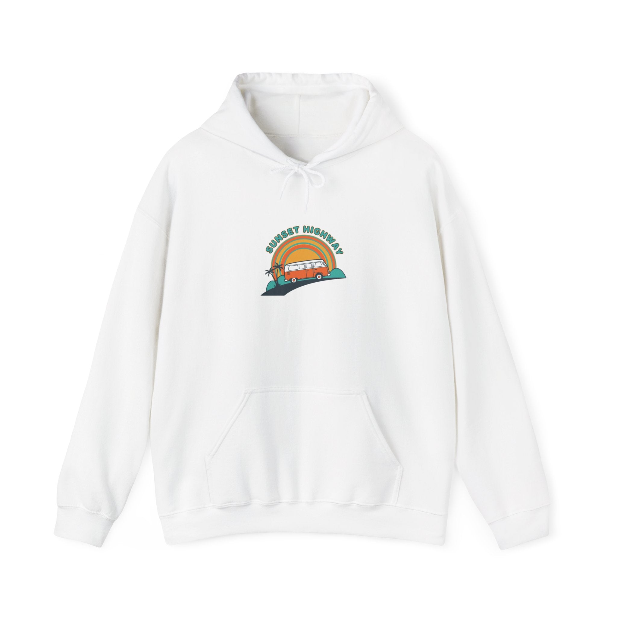 Retro 70s Sunset Surf Graphic Hoodie | Analog Sunshine, Vintage Palm Postcard White