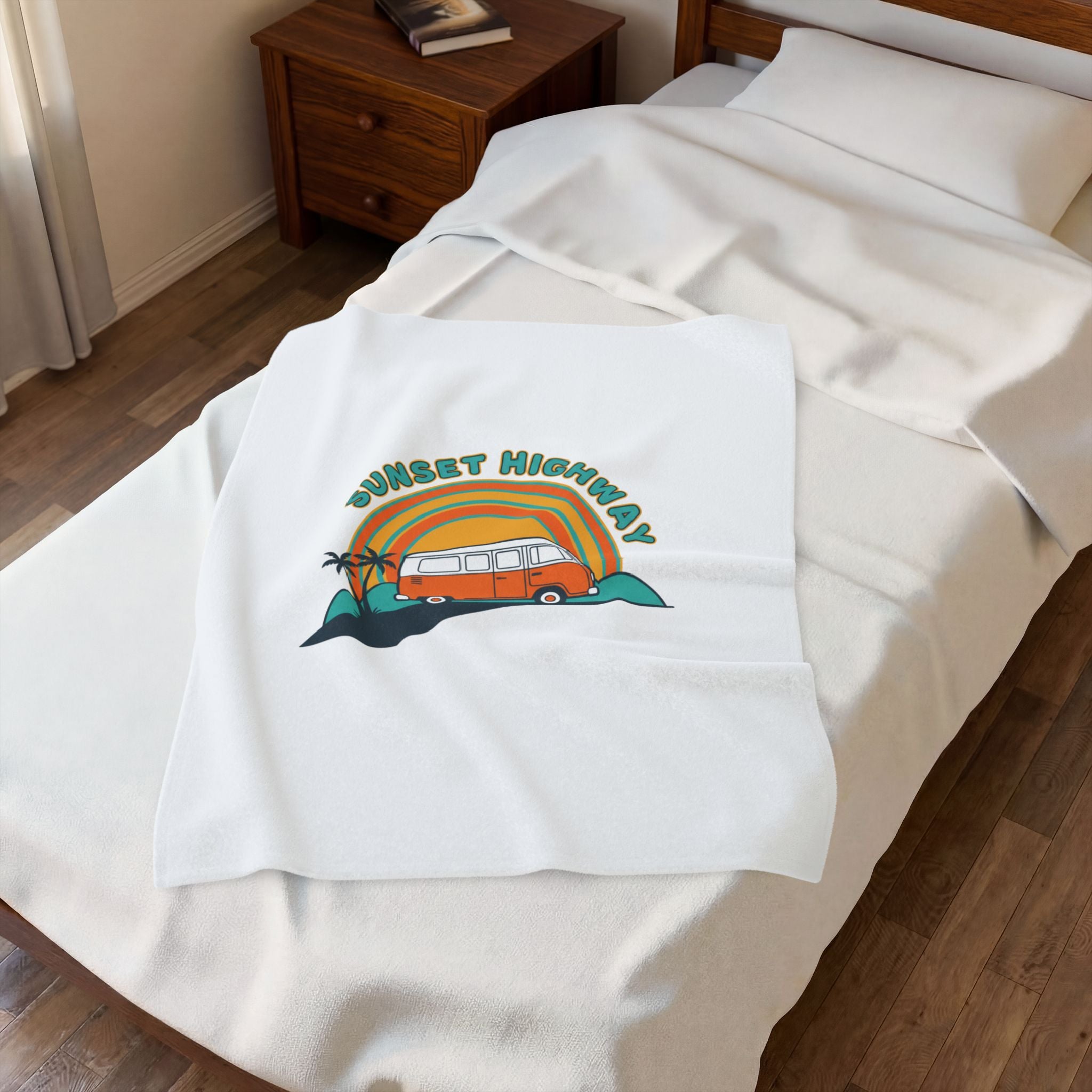 Sunset Highway van graphic Velveteen Blanket | 70s sunset, retro surf postcard