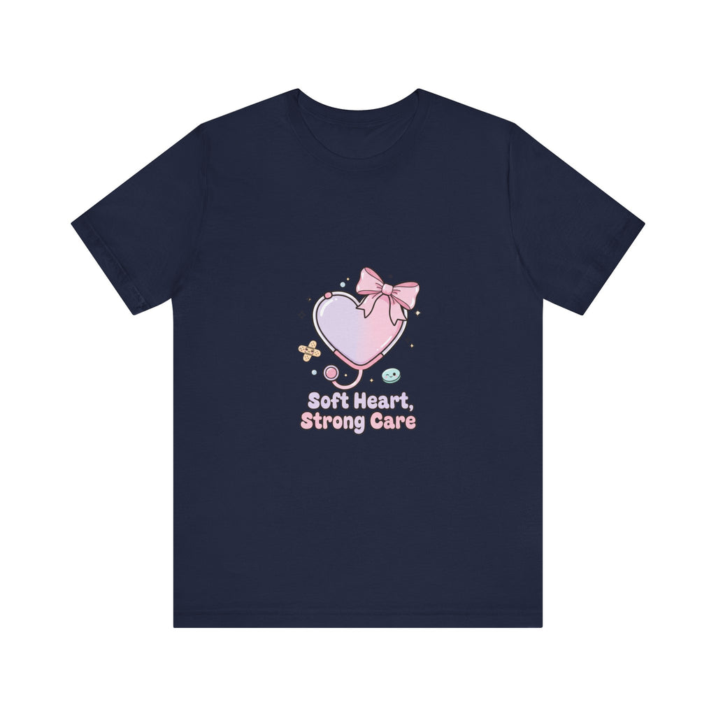 Soft Heart Strong Care T-Shirt | cute nurse graphic, pastel coquette medical shirt Navy