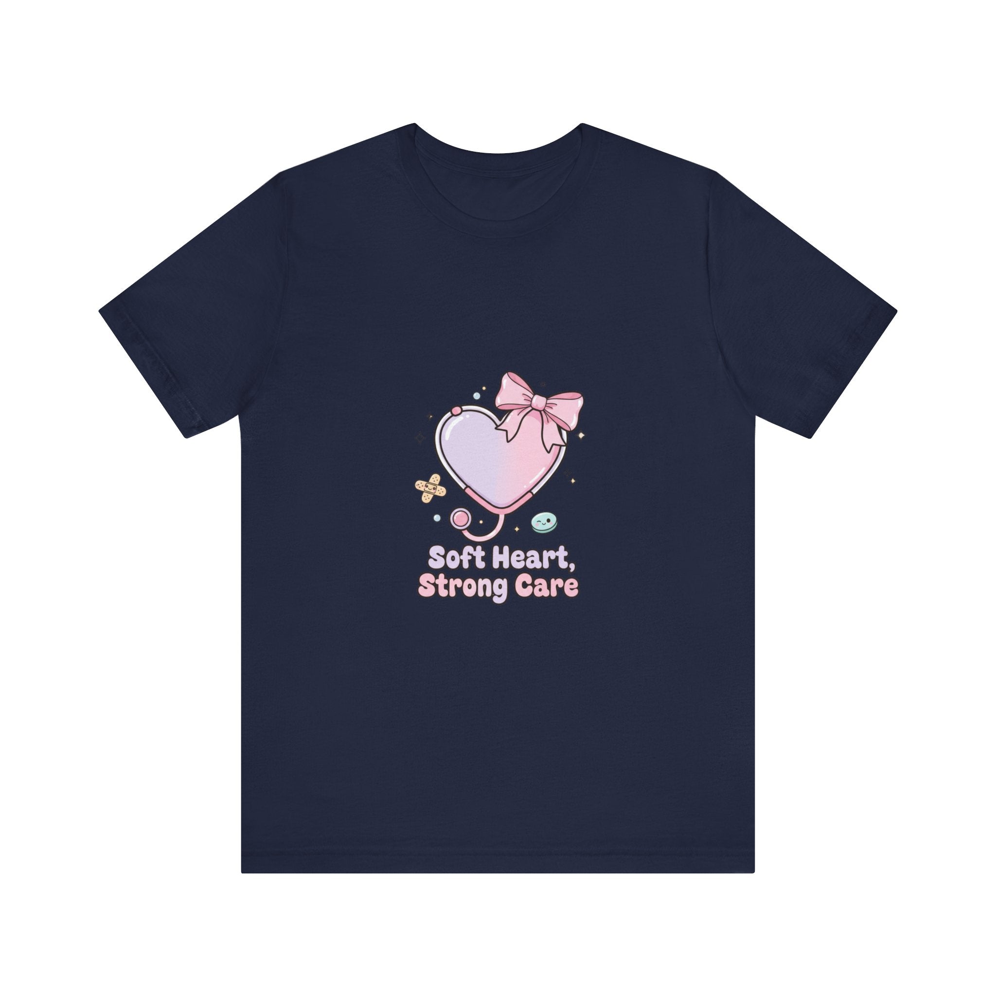 Soft Heart Strong Care T-Shirt | cute nurse graphic, pastel coquette medical shirt Navy