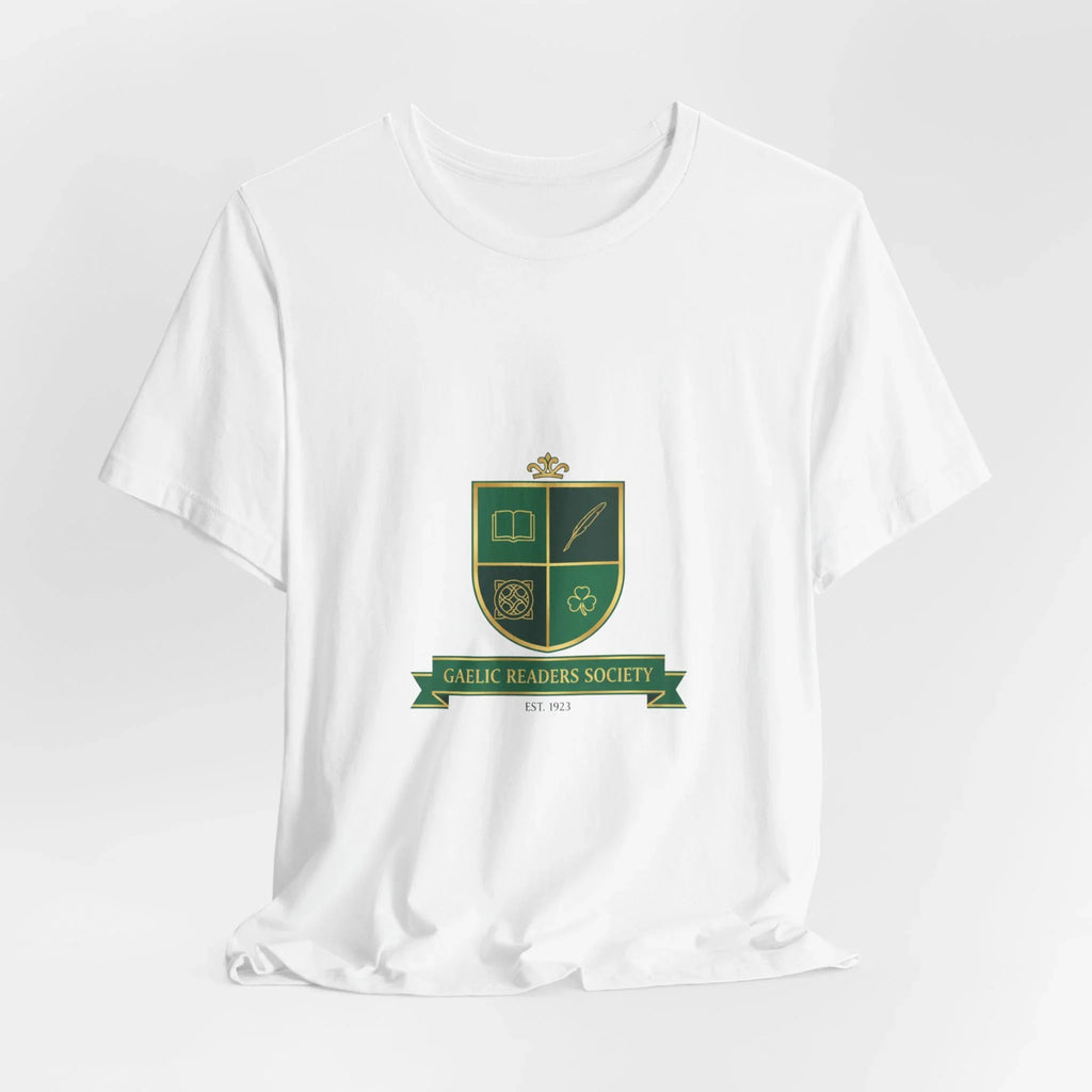 White t-shirt with green Gaelic Readers Society crest, Celtic knot, book, quill, and shamrock.