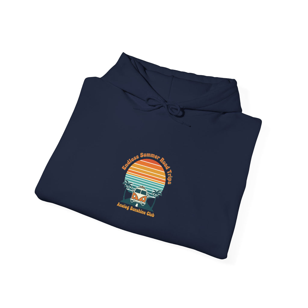 Retro 70s Sunset Surf Hoodie | vintage palm golden hour postcard design Navy
