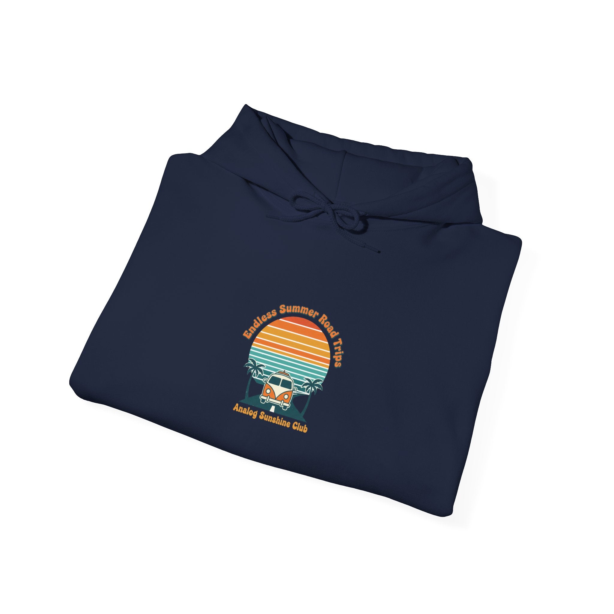 Retro 70s Sunset Surf Hoodie | vintage palm golden hour postcard design Navy
