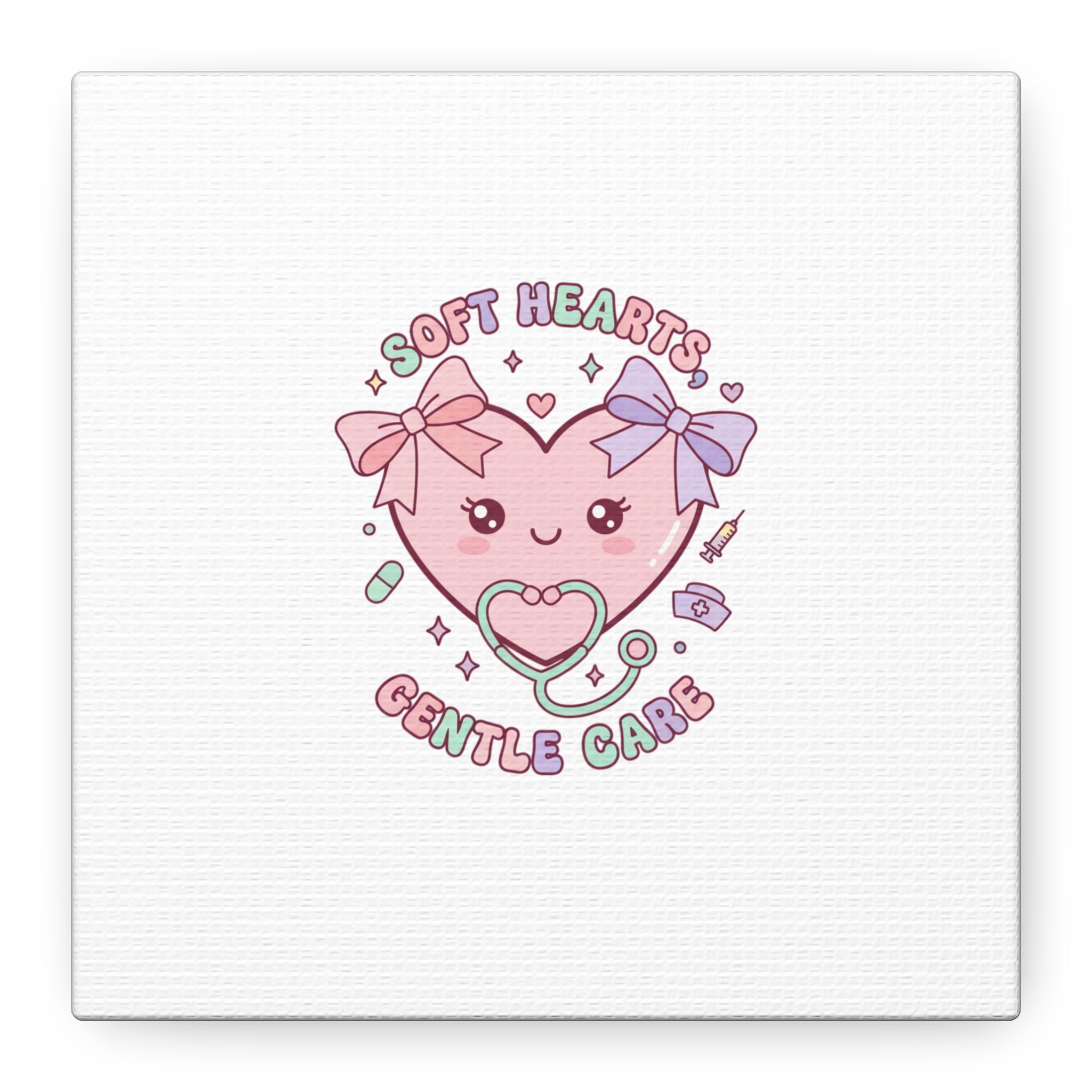 Soft Hearts Gentle Care Canvas, Cute Nurse Graphic | Pastel Coquette Medical Art 6" x 6" 1.25"