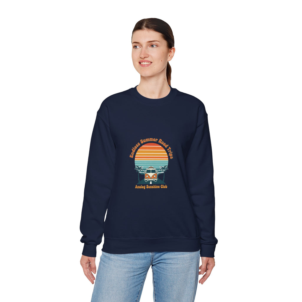 Vintage 70s Sunset Camper Crewneck Sweatshirt | Retro Surf Graphic, Golden Hour Postcard Navy