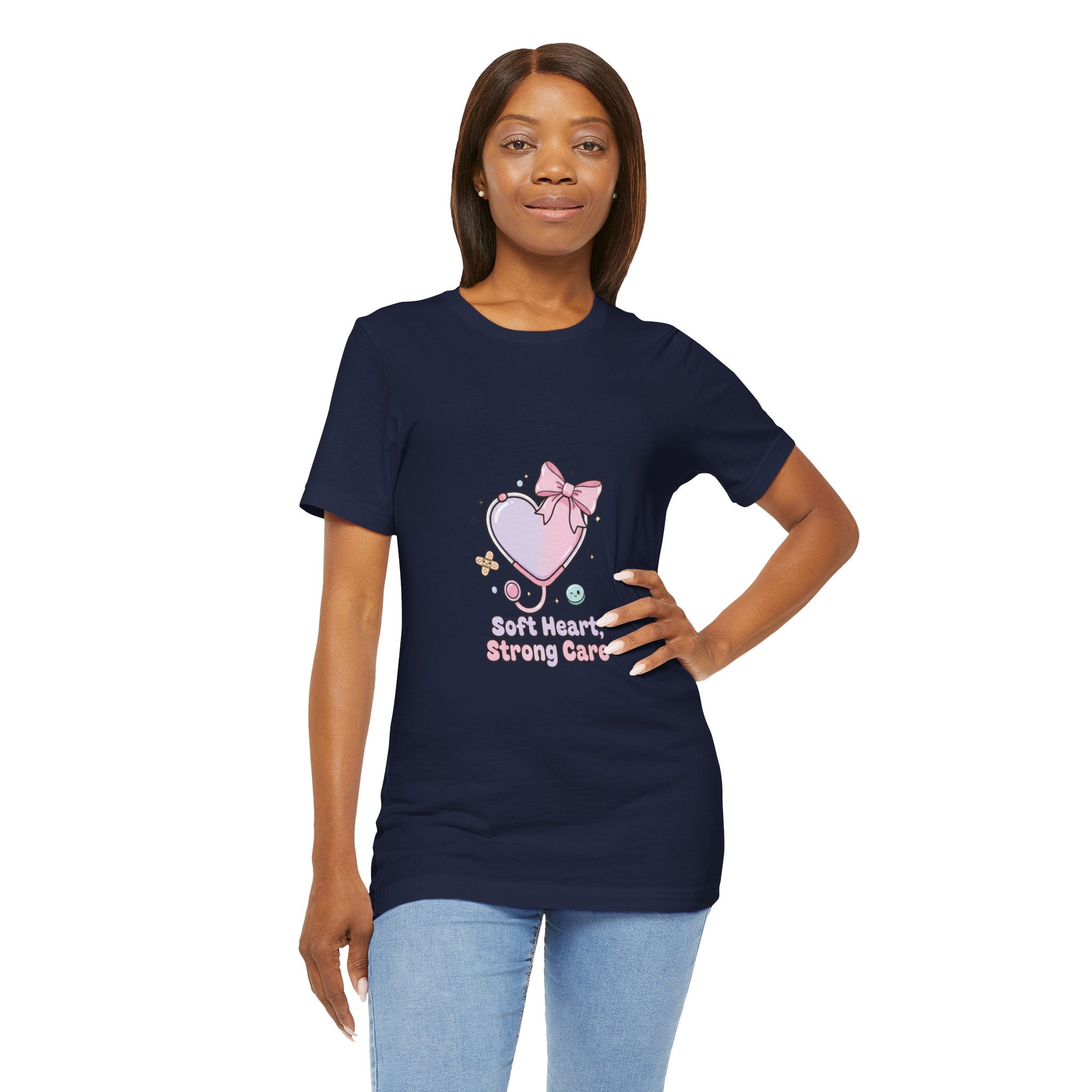 Soft Heart Strong Care T-Shirt | cute nurse graphic, pastel coquette medical shirt Navy