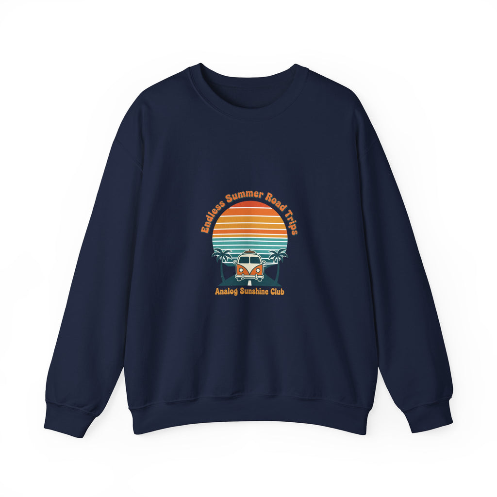 Vintage 70s Sunset Camper Crewneck Sweatshirt | Retro Surf Graphic, Golden Hour Postcard Navy