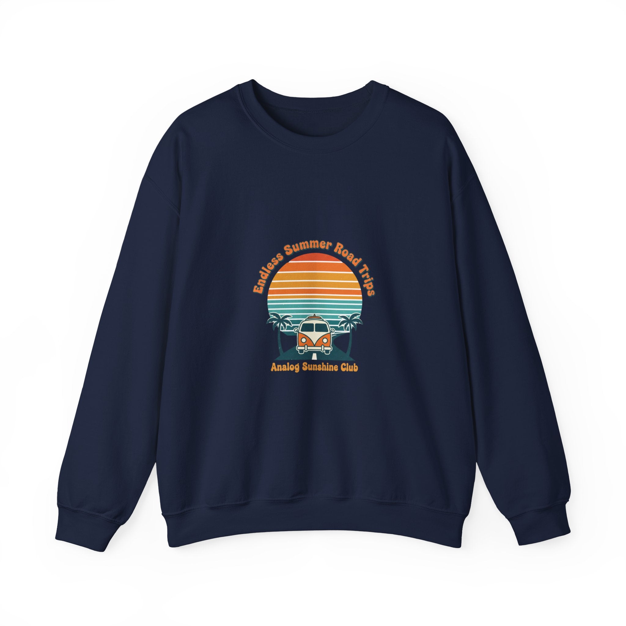 Vintage 70s Sunset Camper Crewneck Sweatshirt | Retro Surf Graphic, Golden Hour Postcard Navy