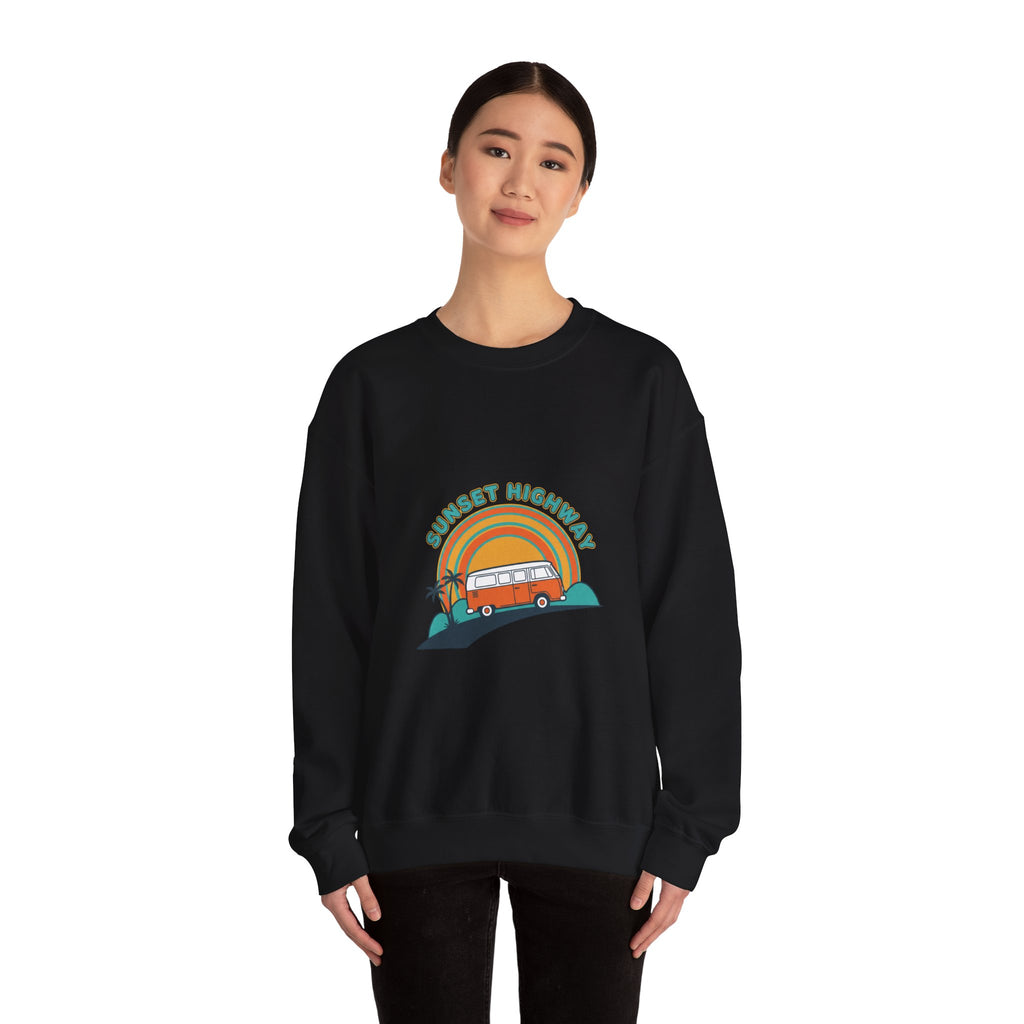 Sunset Highway Retro Surf Graphic Sweatshirt | 1970s Analog Sunshine, Vintage Palm Navy