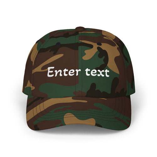 Custom Script Text Dad Cap | Personalized Embroidered Baseball Hat Green Camo One size